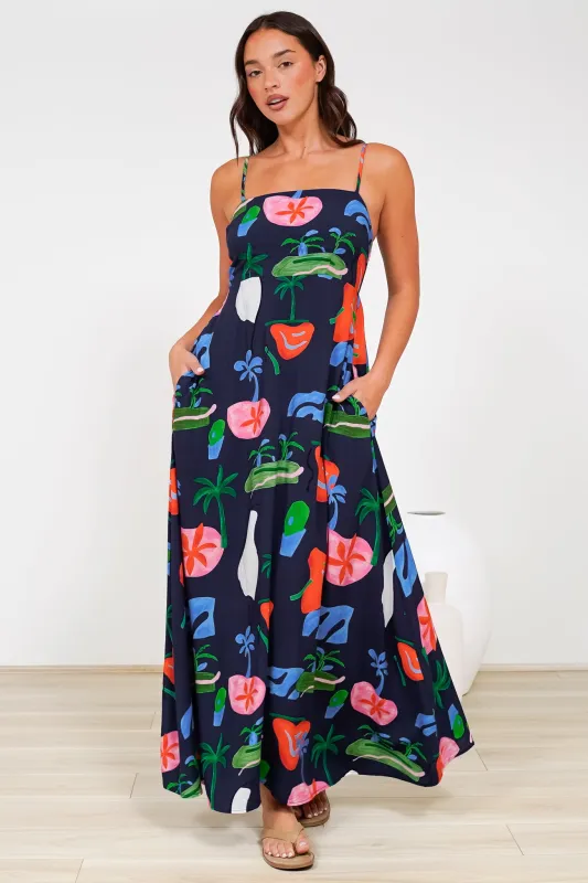 Radley Maxi Dress - Empire Line Sun Dress with Adjustable Straps in Cruise Print Navy sold by Salty Crush