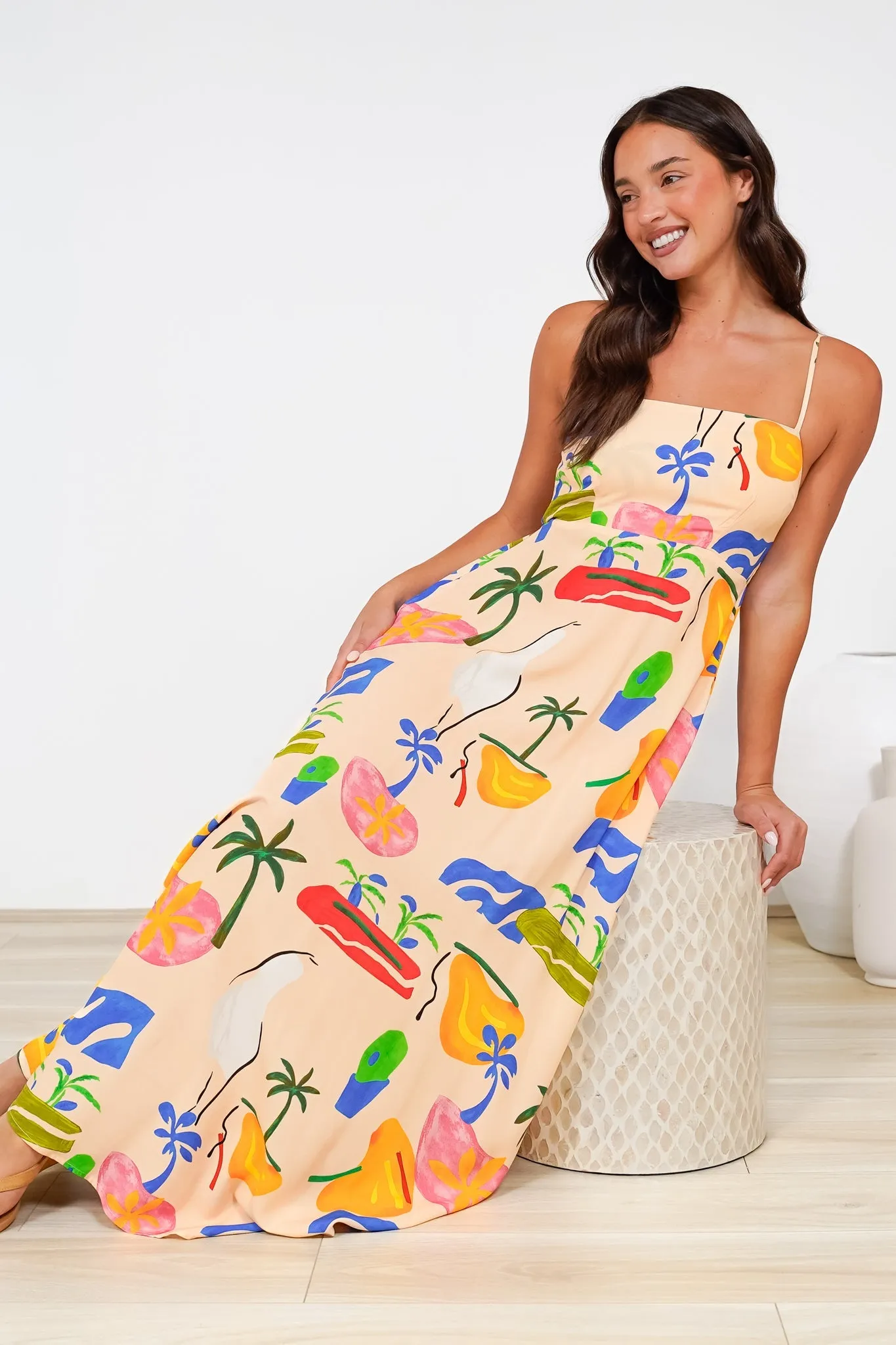 Radley Maxi Dress - Empire Line Sun Dress with Adjustable Straps in Cruise Print Beige sold by Salty Crush product image thumbnail 5