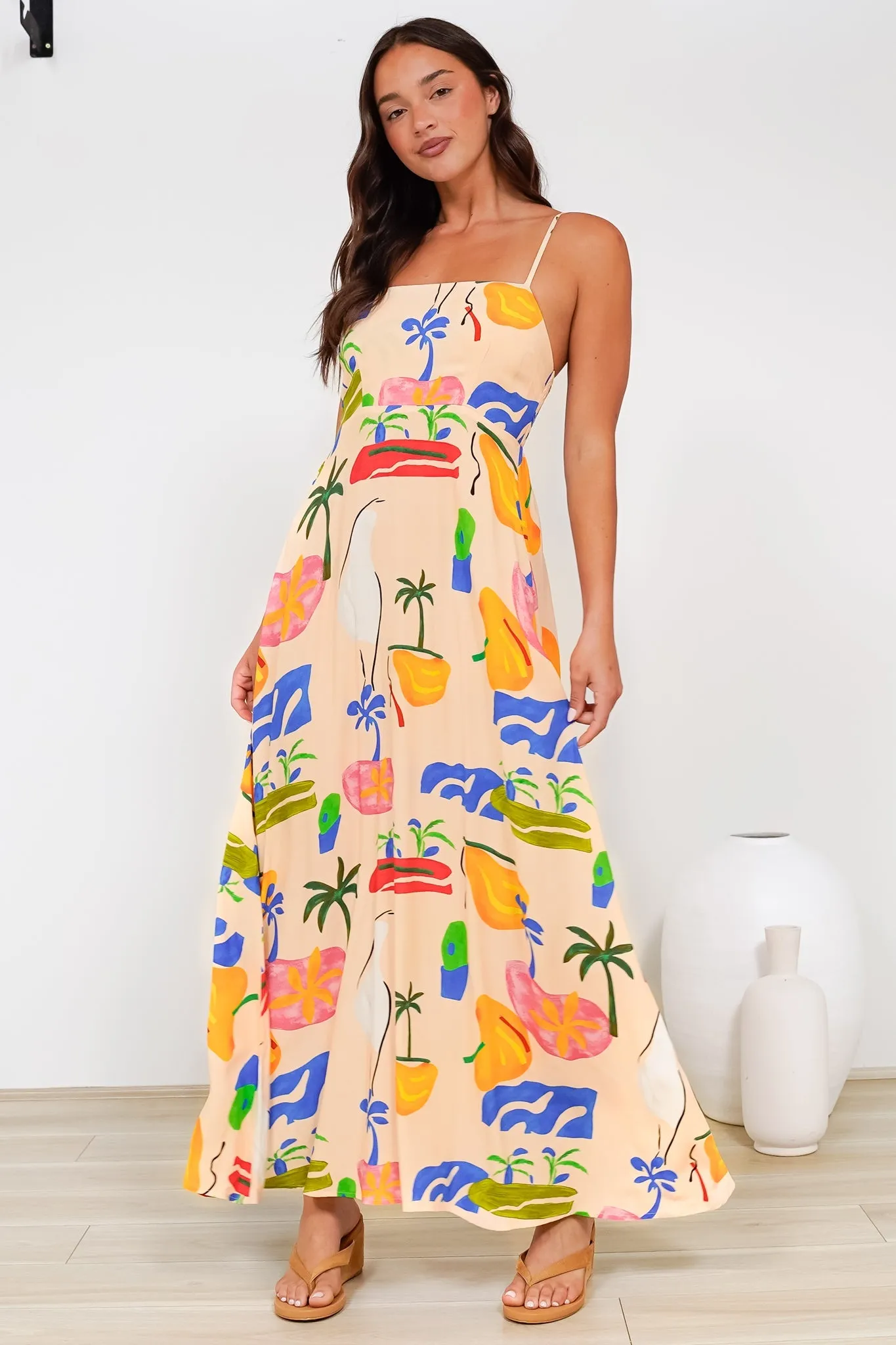 Radley Maxi Dress - Empire Line Sun Dress with Adjustable Straps in Cruise Print Beige sold by Salty Crush product image thumbnail 3