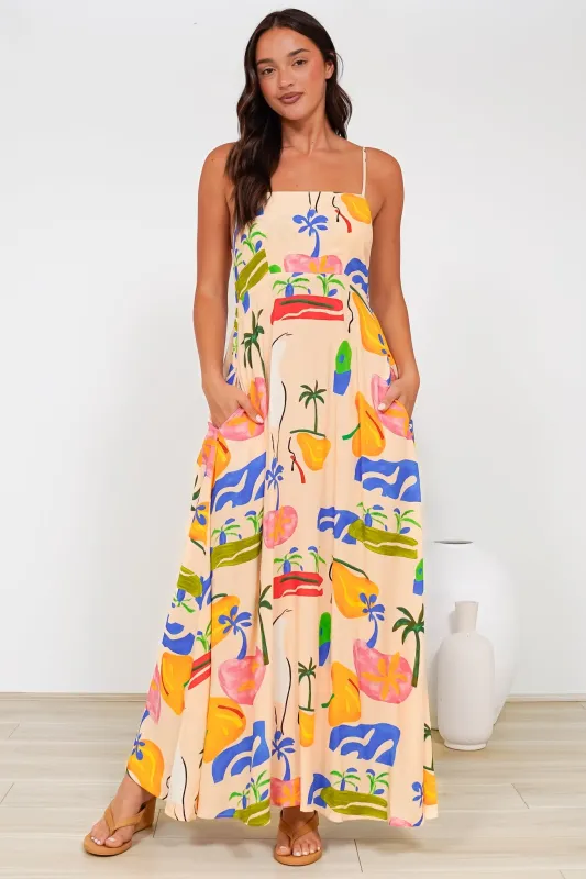 Radley Maxi Dress - Empire Line Sun Dress with Adjustable Straps in Cruise Print Beige sold by Salty Crush