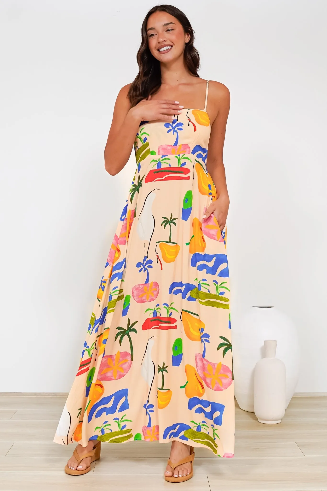 Radley Maxi Dress - Empire Line Sun Dress with Adjustable Straps in Cruise Print Beige sold by Salty Crush product image thumbnail 4