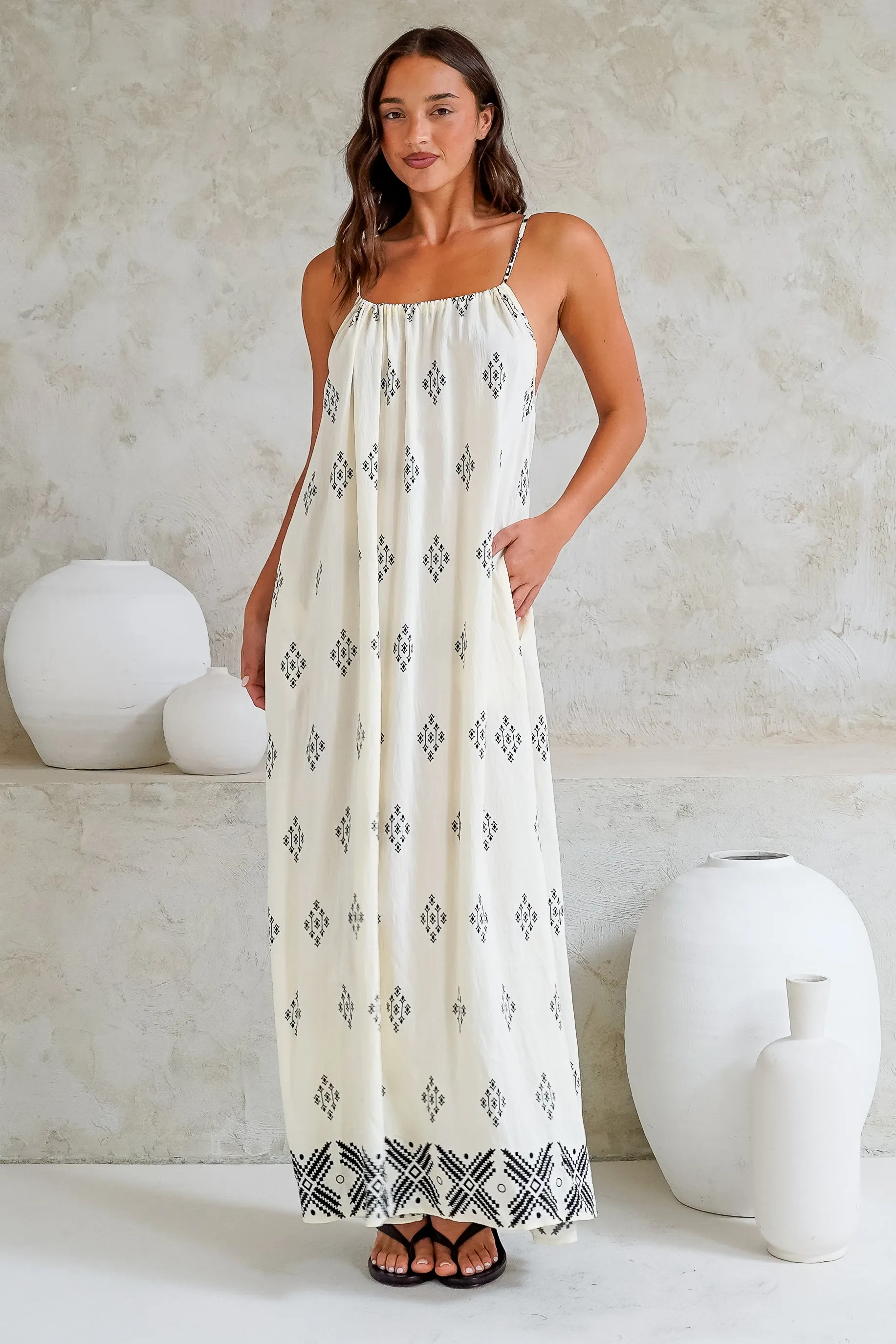 Milani Maxi Dress - Adjustable Halter Neck Sun Dress in Fresca Print White sold by Salty Crush