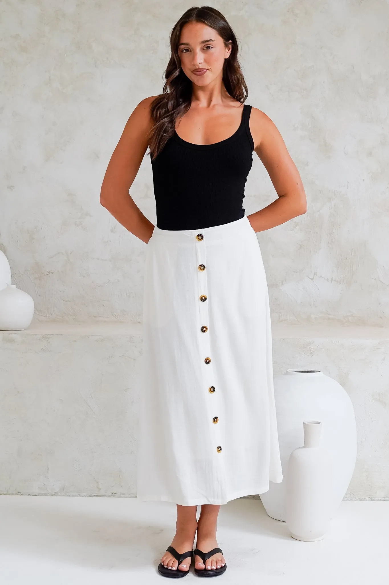 Murphy Midi Skirt - High Waisted Button Decal A-Line Skirt in White sold by Salty Crush