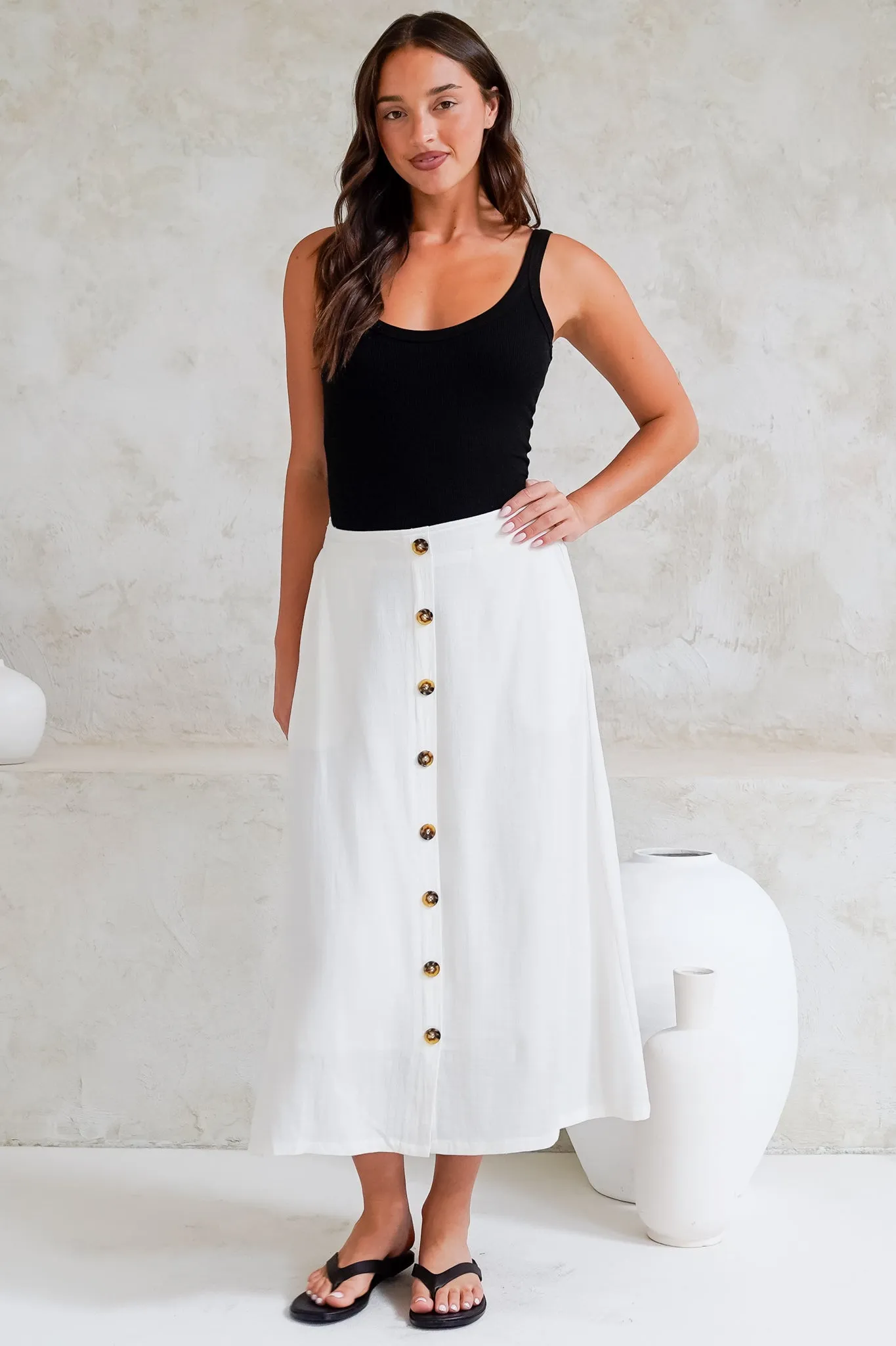 Murphy Midi Skirt - High Waisted Button Decal A-Line Skirt in White sold by Salty Crush product image thumbnail 2