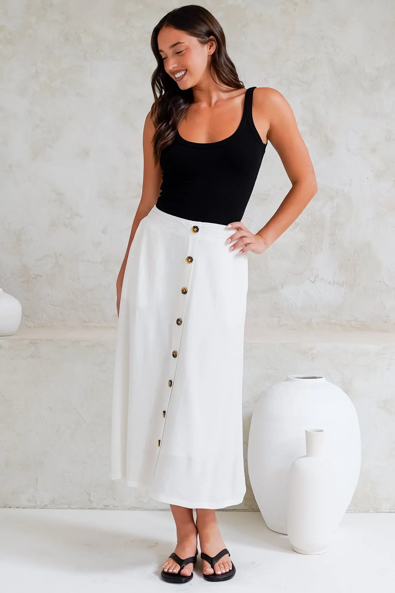 Murphy Midi Skirt - High Waisted Button Decal A-Line Skirt in White sold by Salty Crush product image thumbnail 4