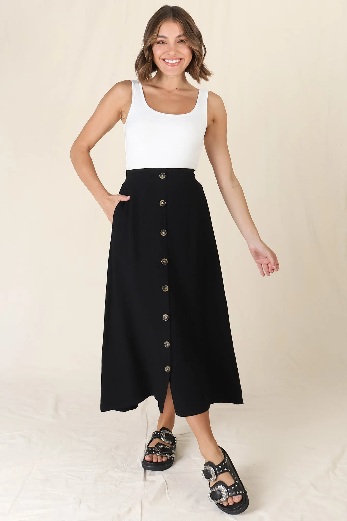 Murphy Midi Skirt - High Waisted Button Decal A-Line Skirt in Black sold by Salty Crush product image thumbnail 5