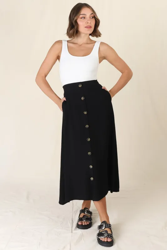 Murphy Midi Skirt - High Waisted Button Decal A-Line Skirt in Black sold by Salty Crush