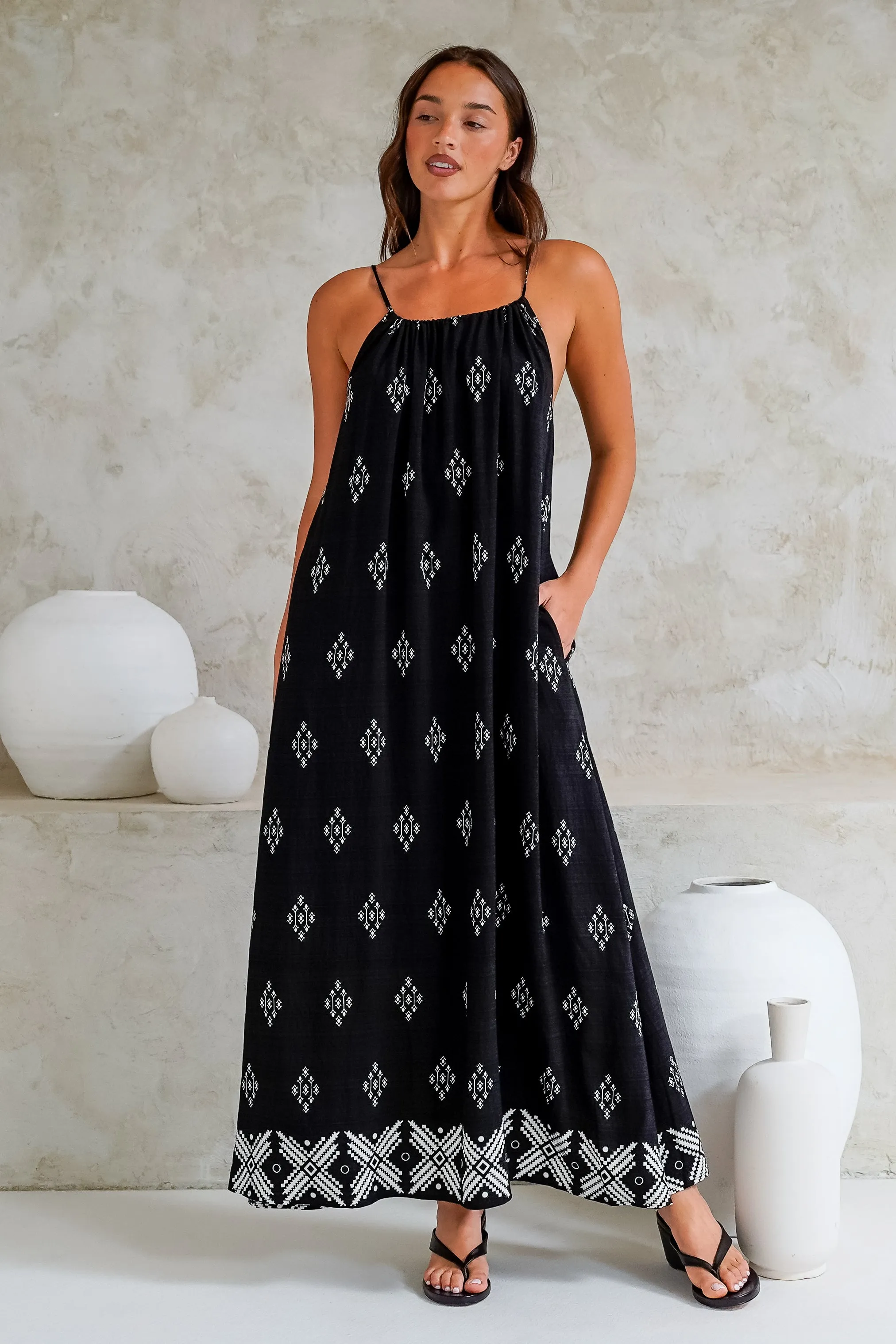 Milani Maxi Dress - Adjustable Halter Neck Sun Dress in Fresca Print Black sold by Salty Crush product image thumbnail 5