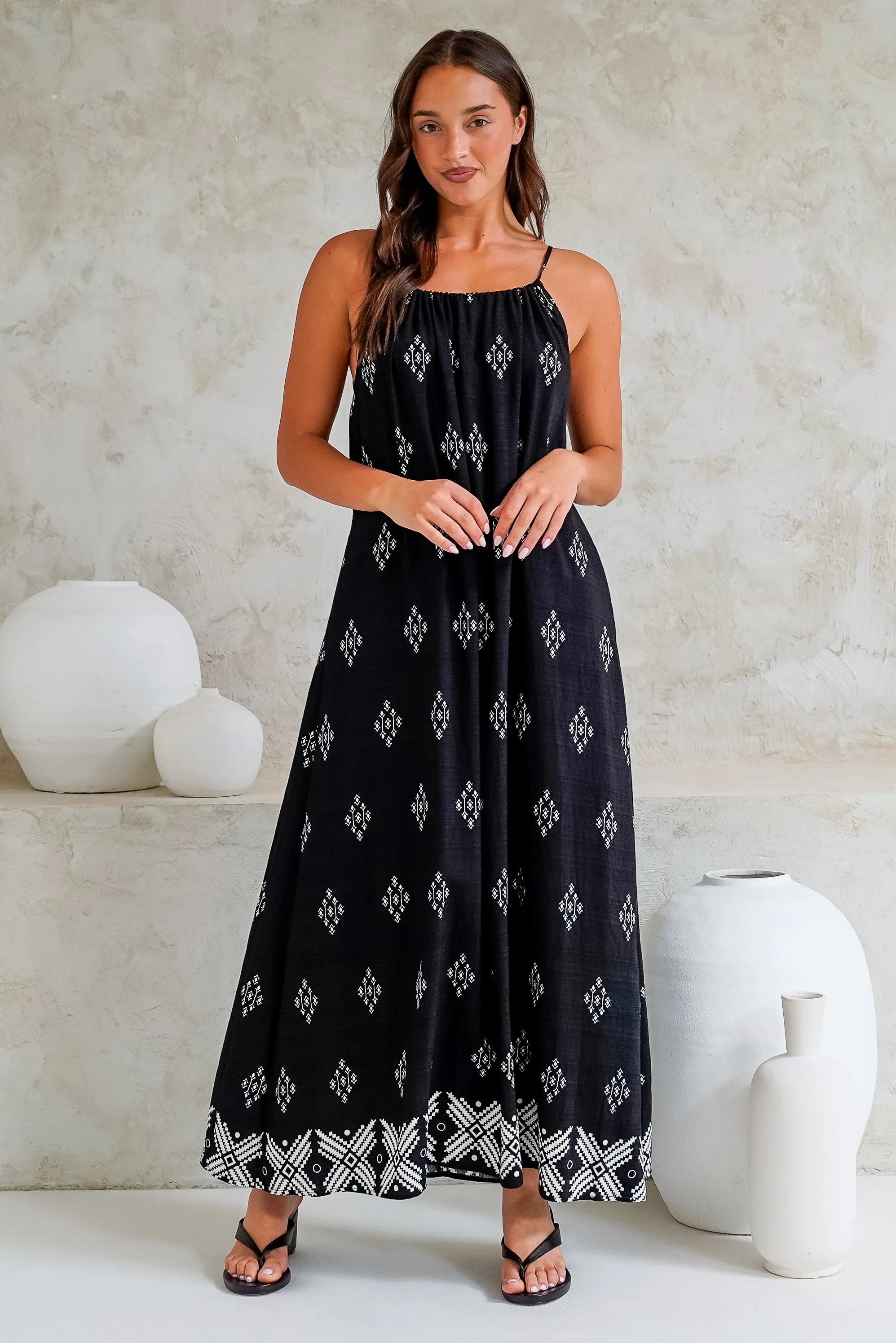 Milani Maxi Dress - Adjustable Halter Neck Sun Dress in Fresca Print Black sold by Salty Crush product image thumbnail 3