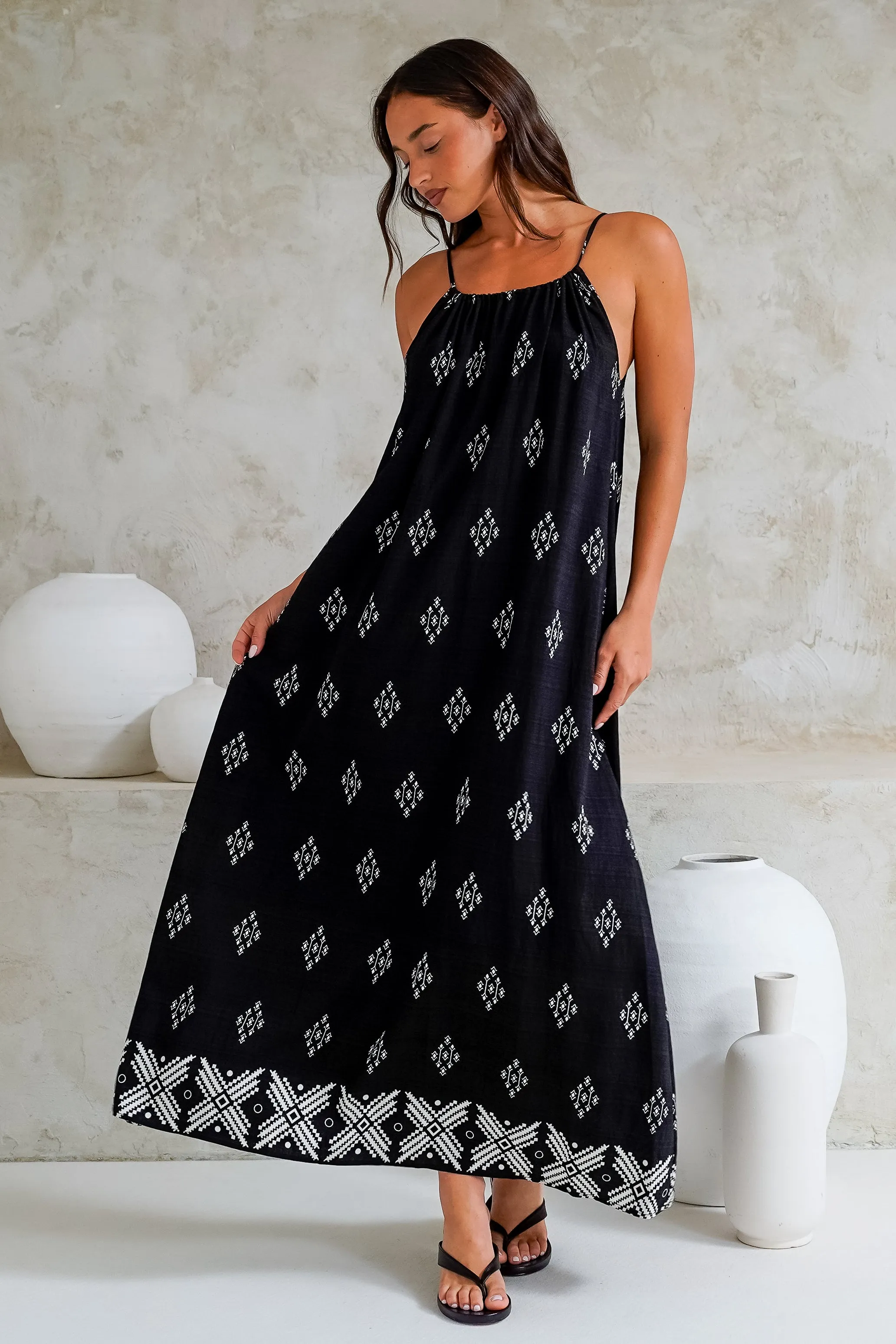 Milani Maxi Dress - Adjustable Halter Neck Sun Dress in Fresca Print Black sold by Salty Crush product image thumbnail 2