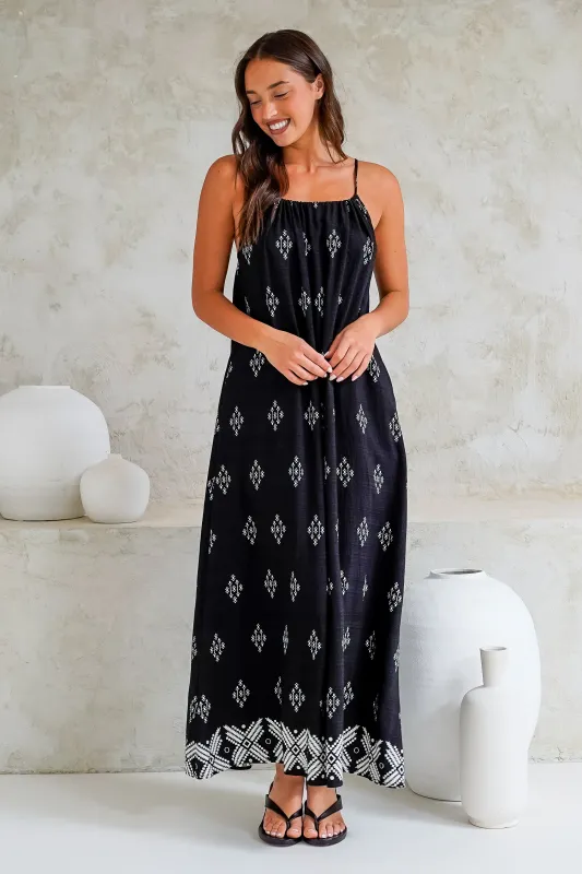 Milani Maxi Dress - Adjustable Halter Neck Sun Dress in Fresca Print Black sold by Salty Crush