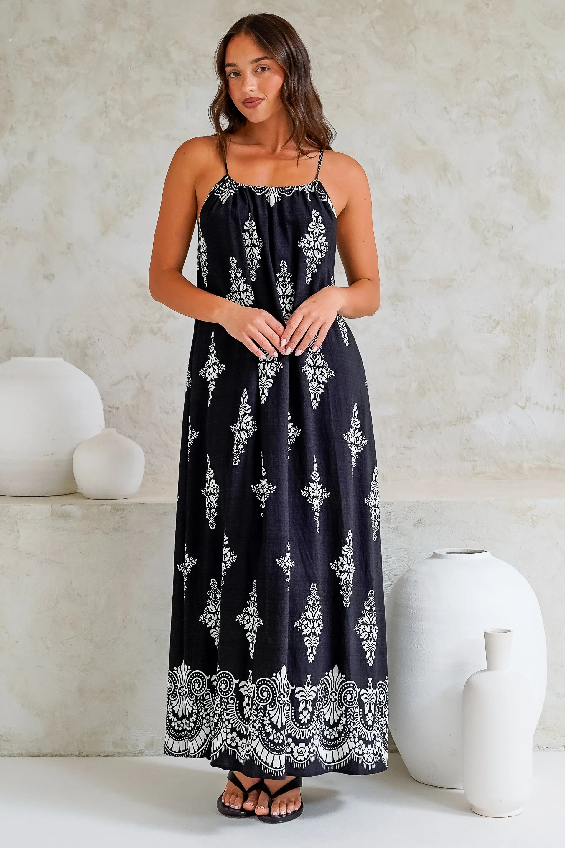 Milani Maxi Dress - Adjustable Halter Neck Sun Dress in Lannie Print Black sold by Salty Crush product image thumbnail 5