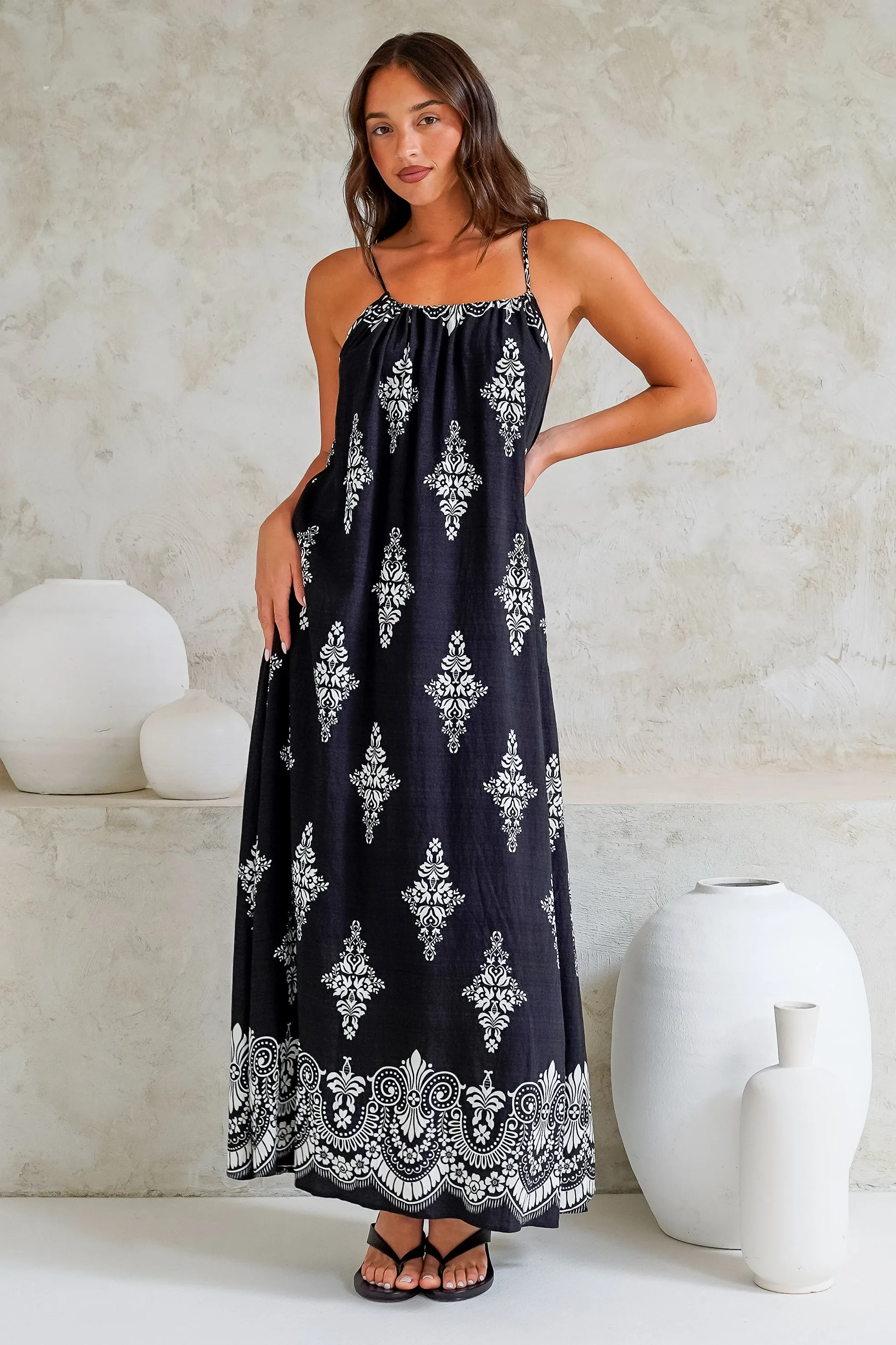Milani Maxi Dress - Adjustable Halter Neck Sun Dress in Lannie Print Black sold by Salty Crush product image thumbnail 2