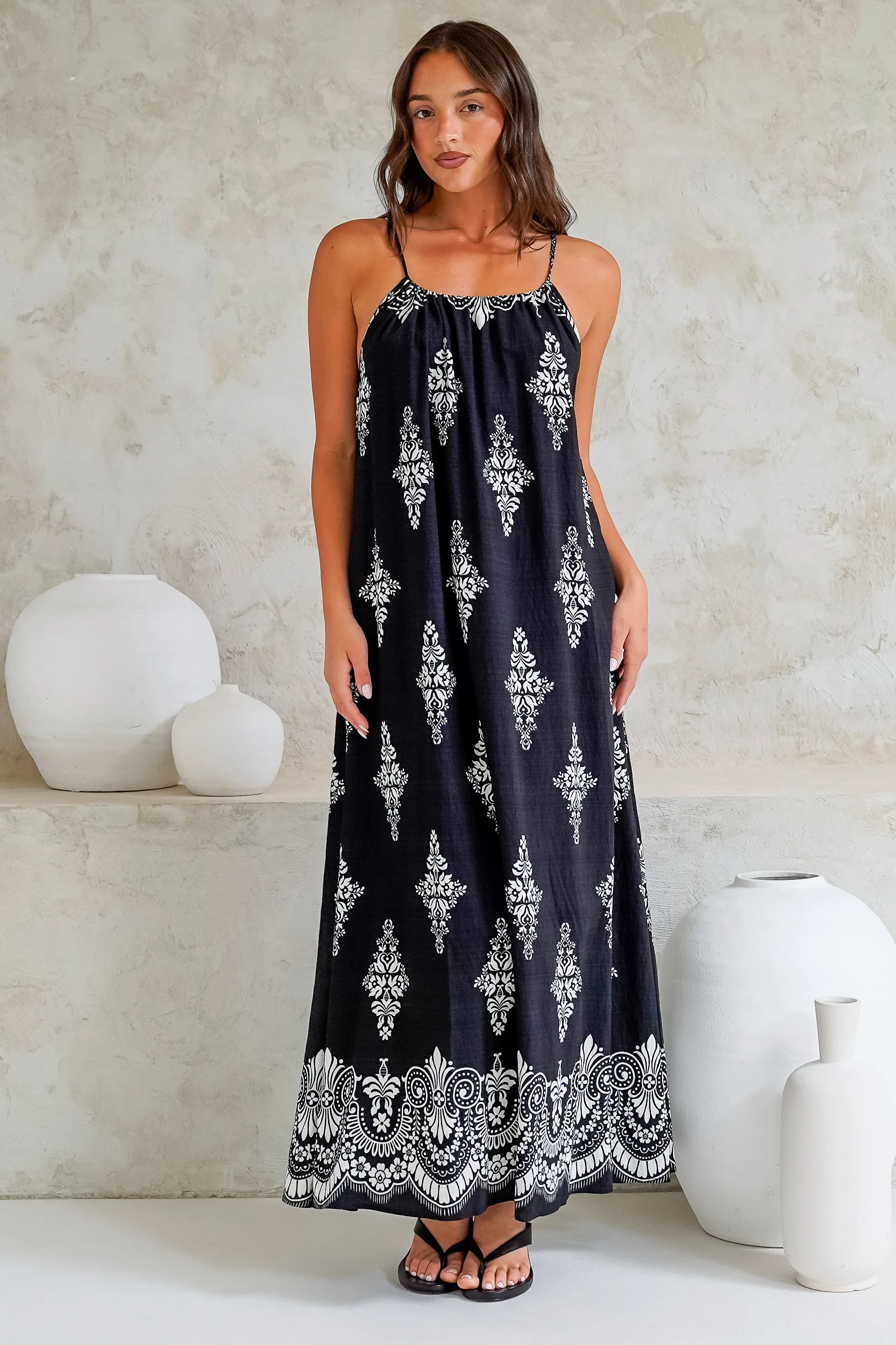 Milani Maxi Dress - Adjustable Halter Neck Sun Dress in Lannie Print Black sold by Salty Crush product image thumbnail 4