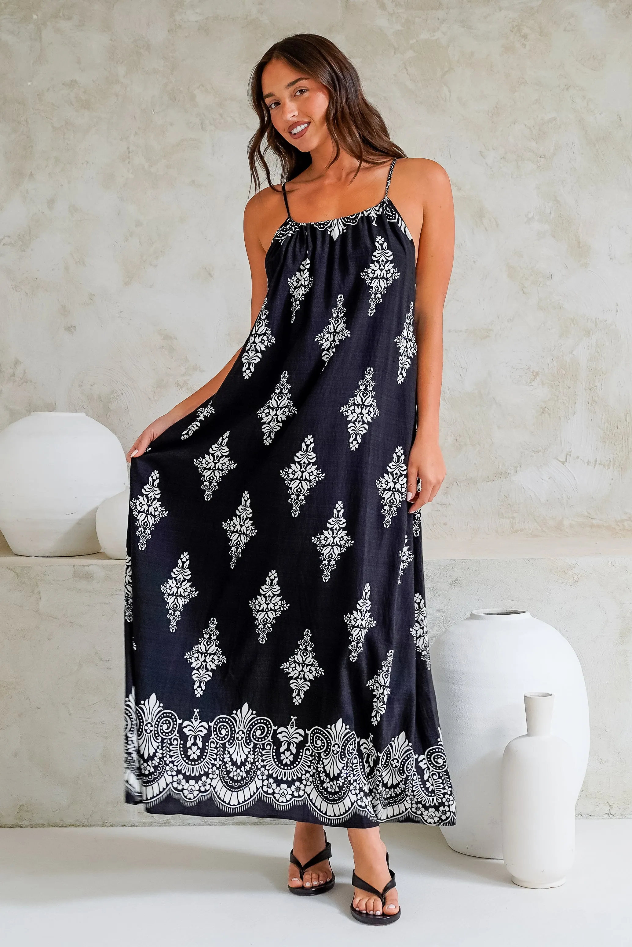 Milani Maxi Dress - Adjustable Halter Neck Sun Dress in Lannie Print Black sold by Salty Crush