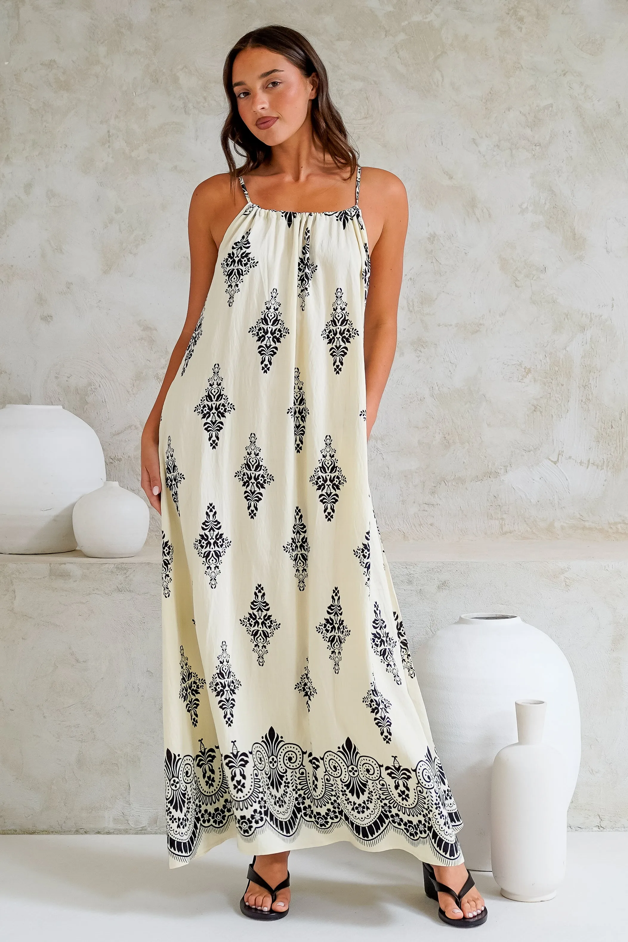 Milani Maxi Dress - Adjustable Halter Neck Sun Dress in Lannie Print White sold by Salty Crush