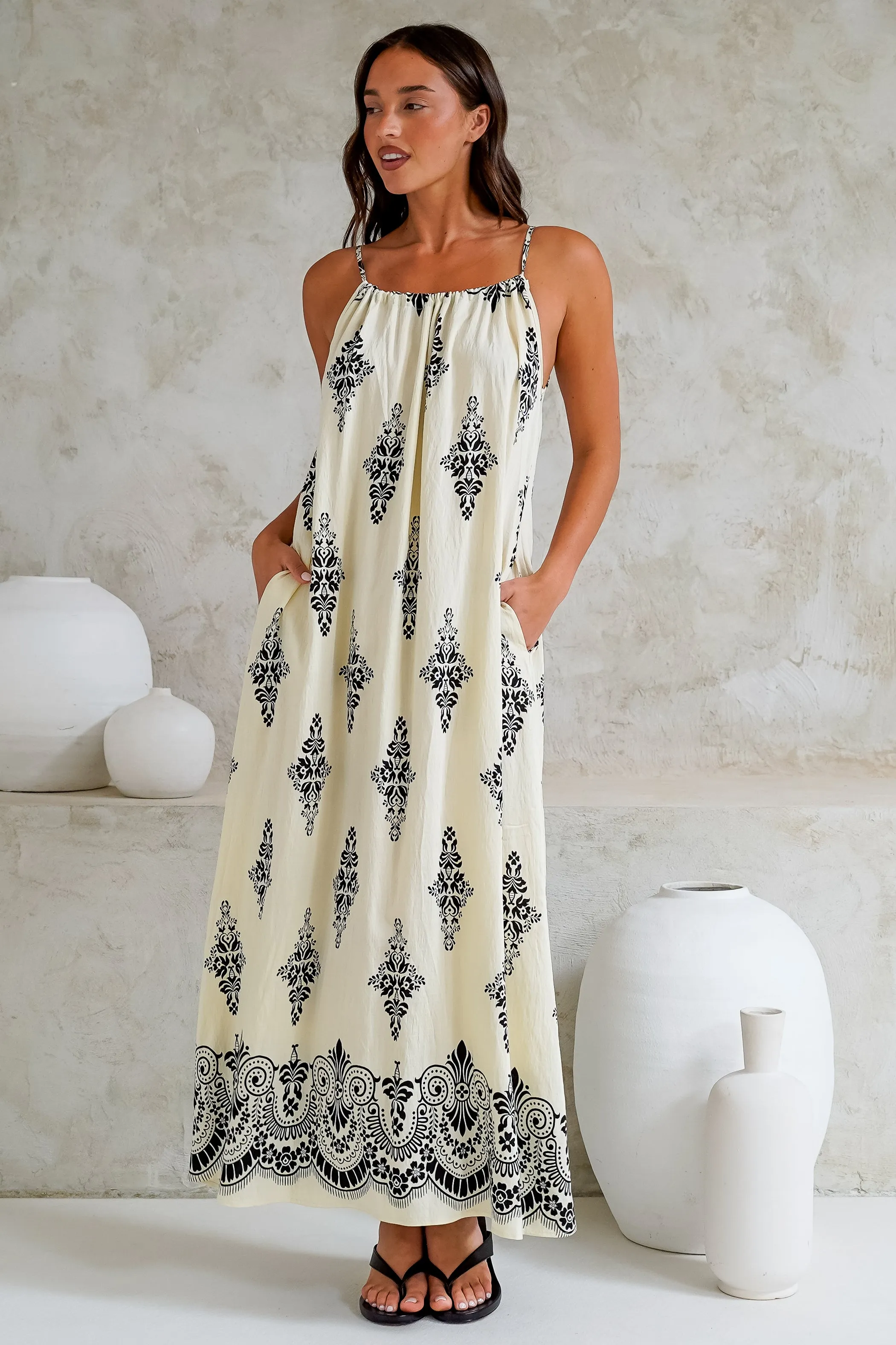 Milani Maxi Dress - Adjustable Halter Neck Sun Dress in Lannie Print White sold by Salty Crush product image thumbnail 2