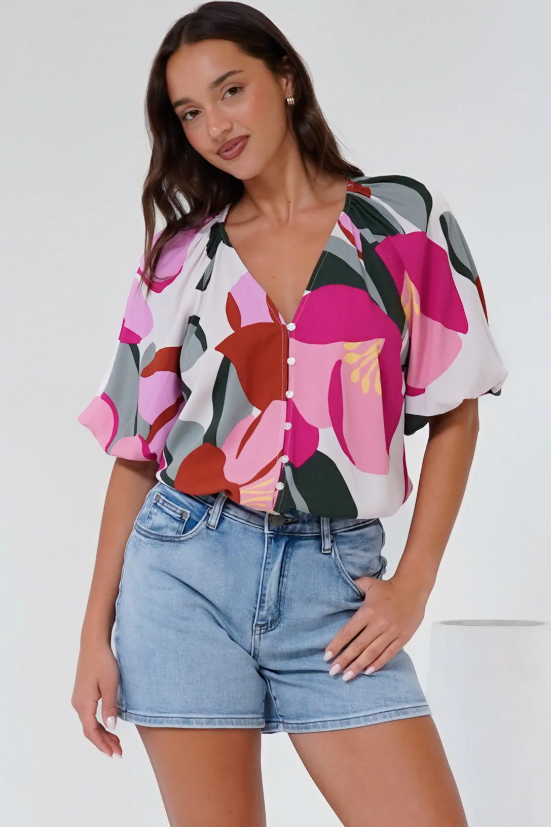 Zera Blouse - V Neck Button Down Blouse with 3/4 Sleeves in Perdita Print sold by Salty Crush product image thumbnail 5