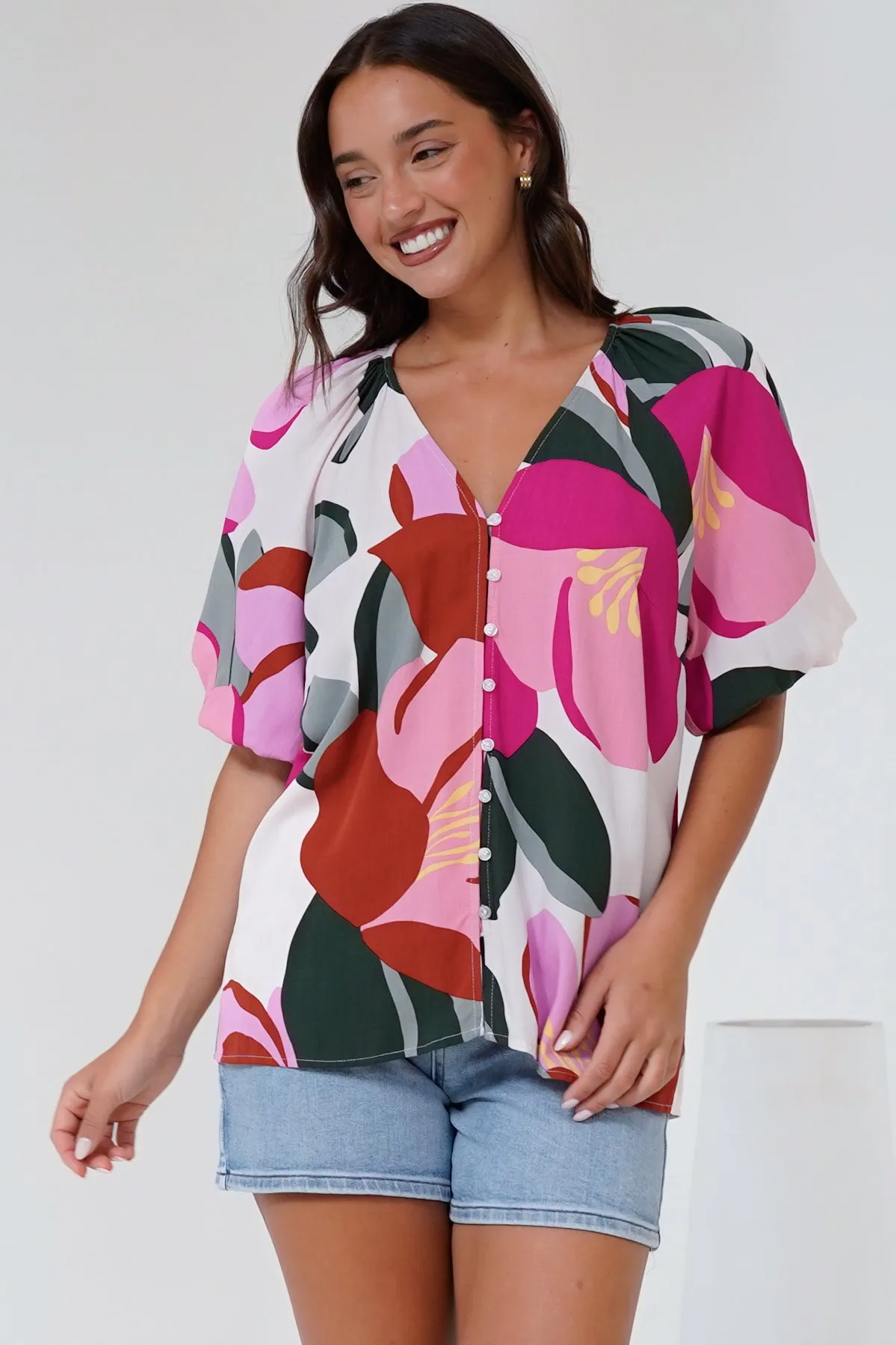 Zera Blouse - V Neck Button Down Blouse with 3/4 Sleeves in Perdita Print sold by Salty Crush product image thumbnail 3
