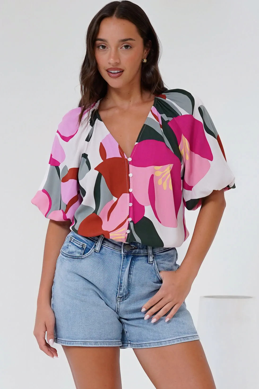 Zera Blouse - V Neck Button Down Blouse with 3/4 Sleeves in Perdita Print sold by Salty Crush