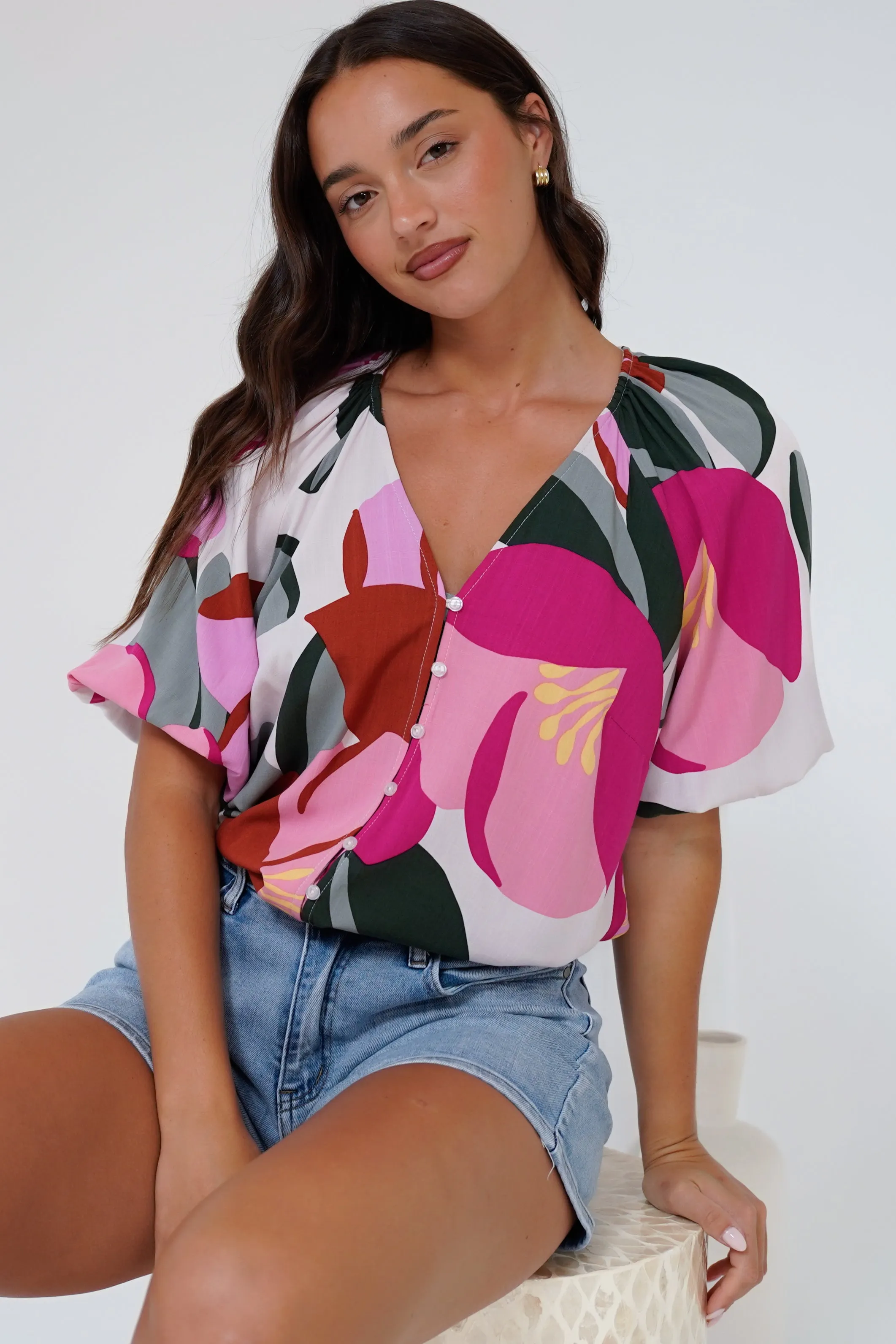 Zera Blouse - V Neck Button Down Blouse with 3/4 Sleeves in Perdita Print sold by Salty Crush product image thumbnail 2