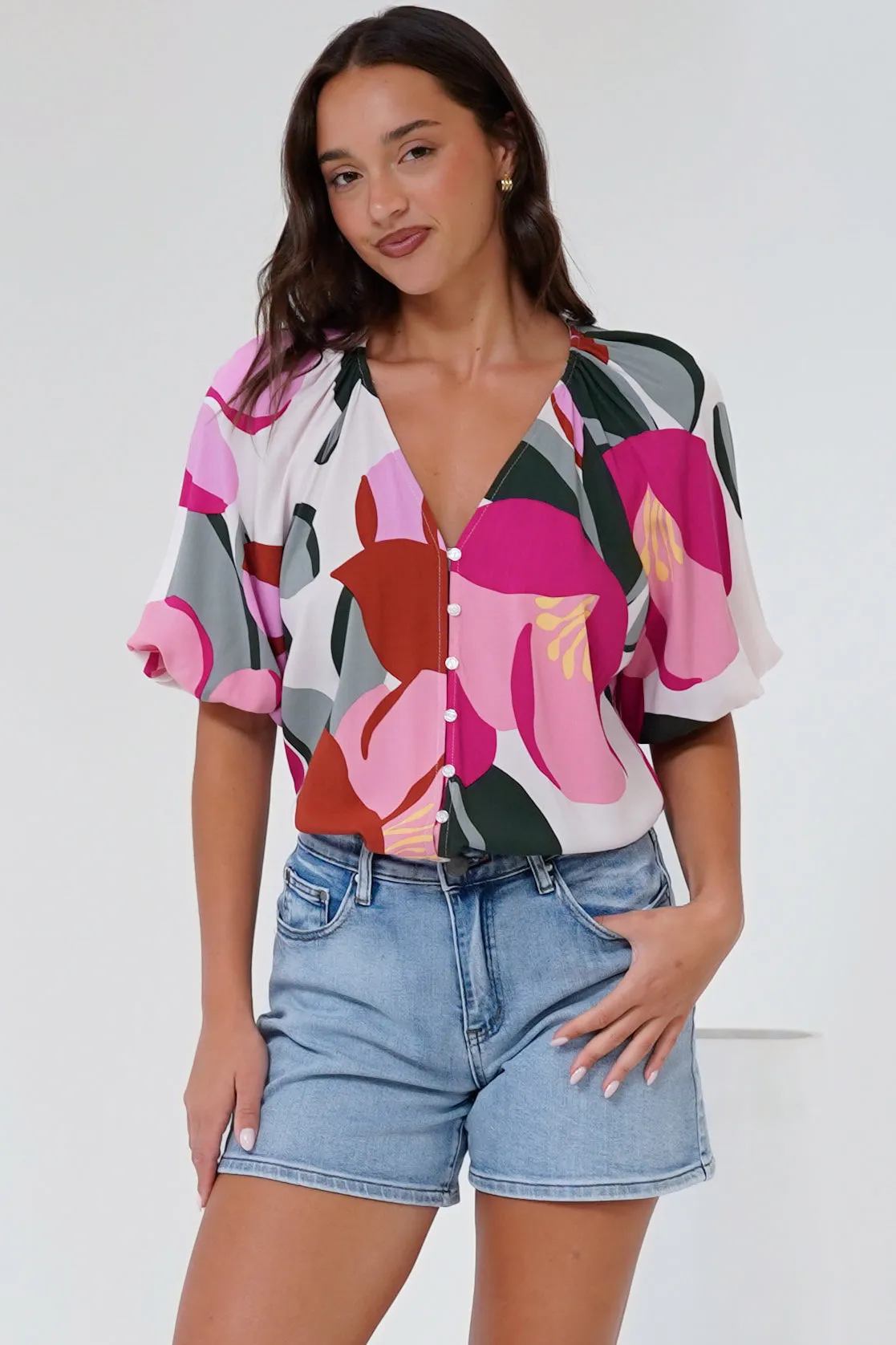 Zera Blouse - V Neck Button Down Blouse with 3/4 Sleeves in Perdita Print sold by Salty Crush product image thumbnail 4