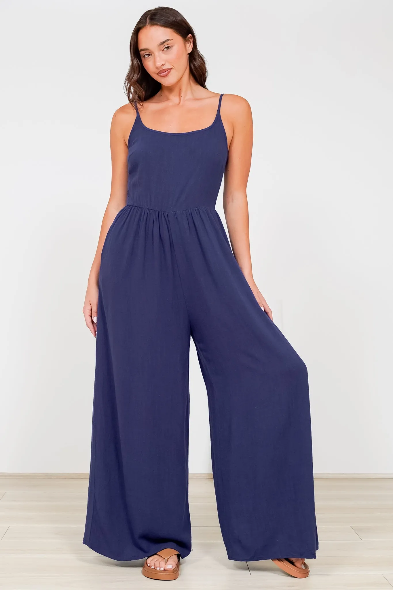 Lonnie Jumpsuit - Square Neckline Wide Leg Pant Jumpsuit in Navy sold by Salty Crush product image thumbnail 3