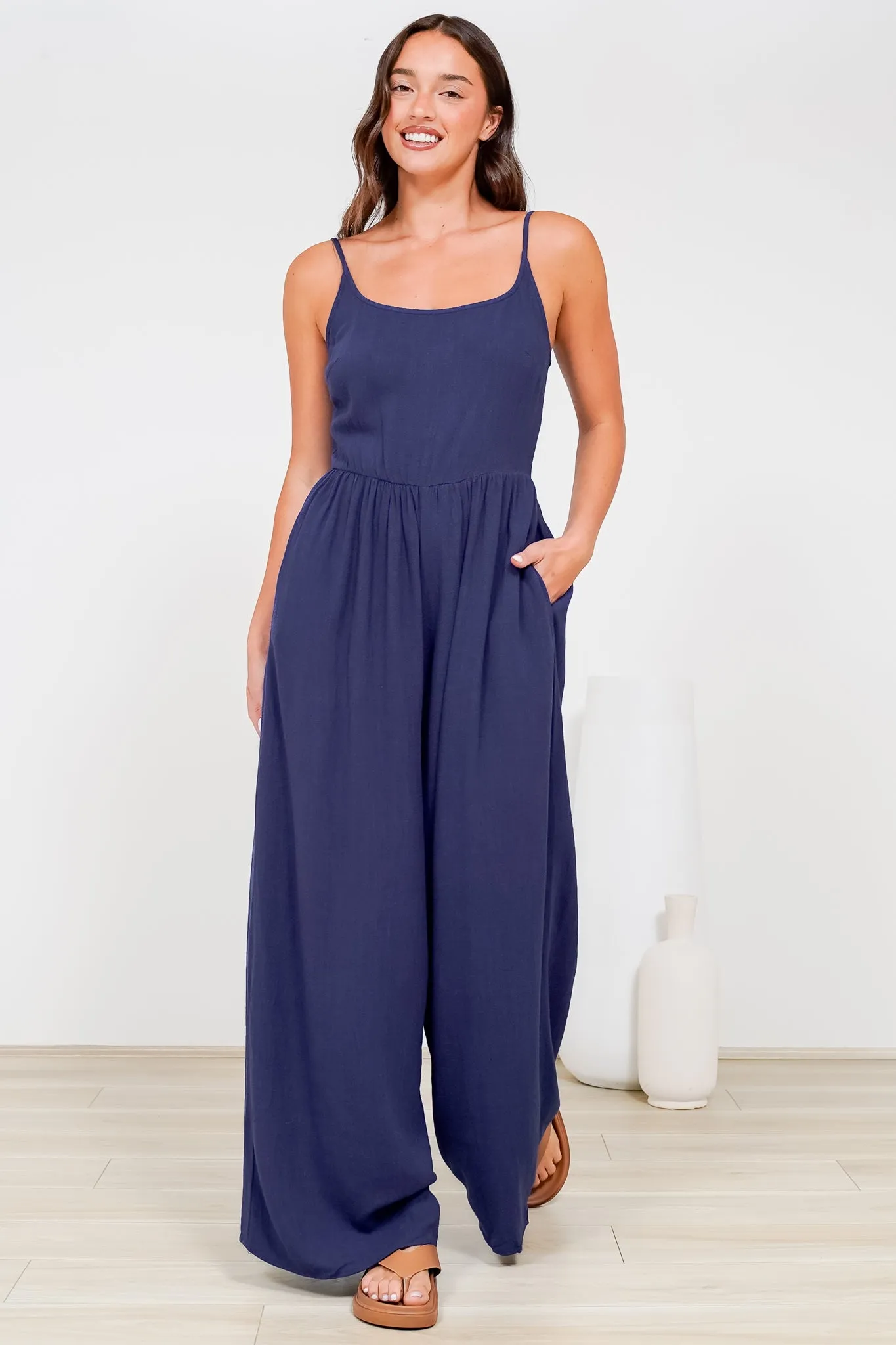 Lonnie Jumpsuit - Square Neckline Wide Leg Pant Jumpsuit in Navy sold by Salty Crush product image thumbnail 2