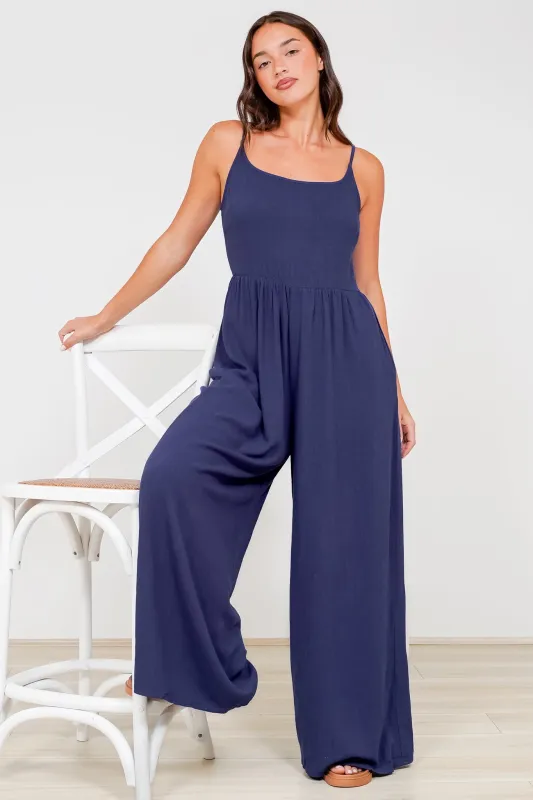 Lonnie Jumpsuit - Square Neckline Wide Leg Pant Jumpsuit in Navy sold by Salty Crush