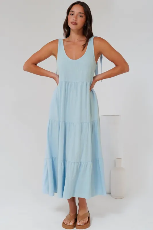 Verona Midi Dress - Tie at Shoulder Straps Sun Dress in Sky Blue sold by Salty Crush