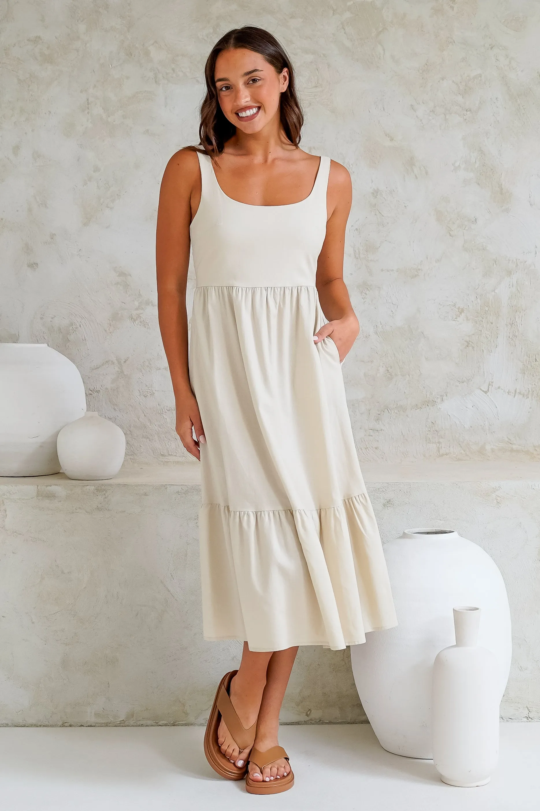 Hera Midi Dress - Scoop Neck Adjustable Strap Tiered Dress with Pockets in Beige sold by Salty Crush