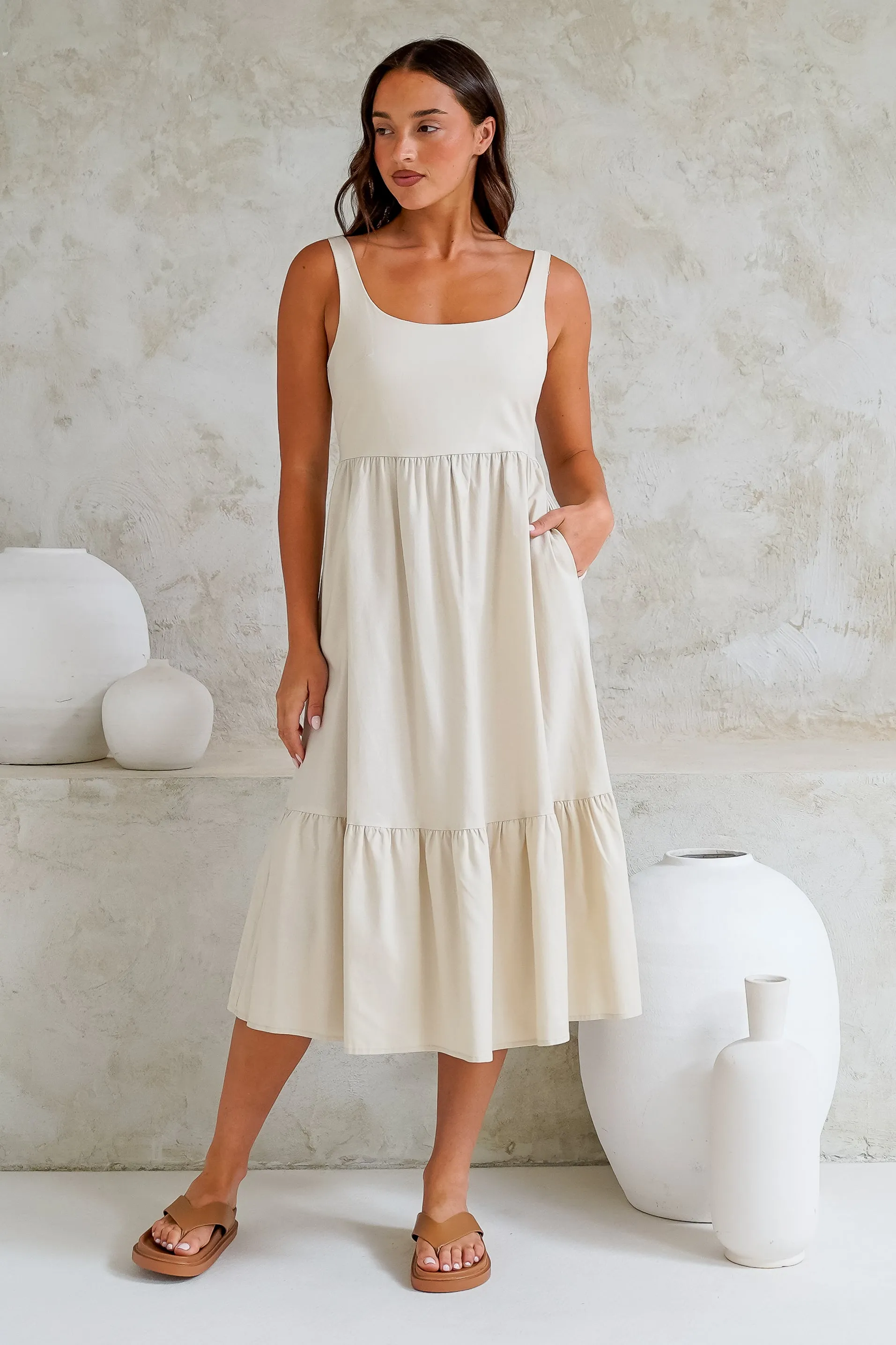 Hera Midi Dress - Scoop Neck Adjustable Strap Tiered Dress with Pockets in Beige sold by Salty Crush product image thumbnail 3