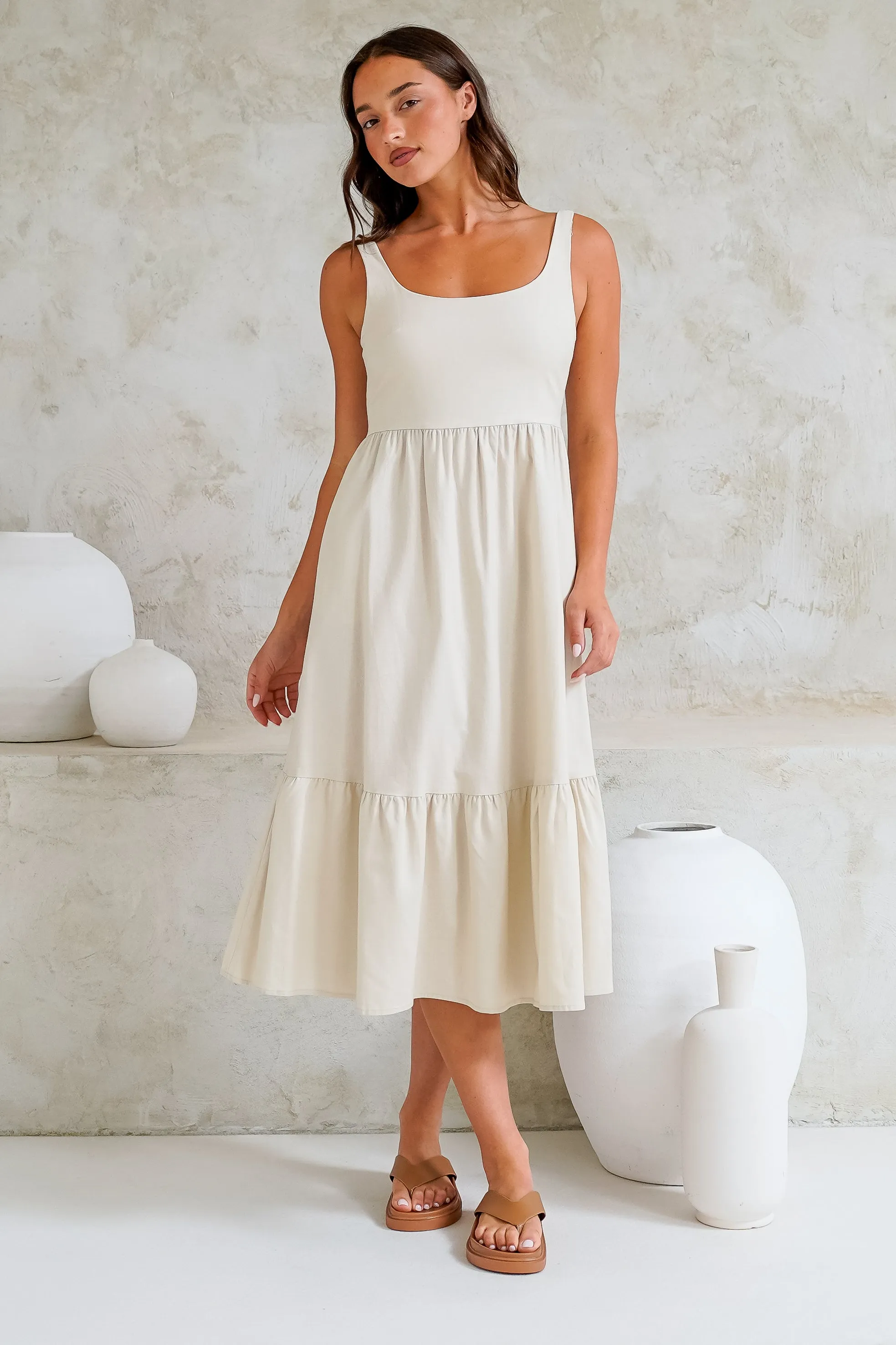 Hera Midi Dress - Scoop Neck Adjustable Strap Tiered Dress with Pockets in Beige sold by Salty Crush product image thumbnail 2