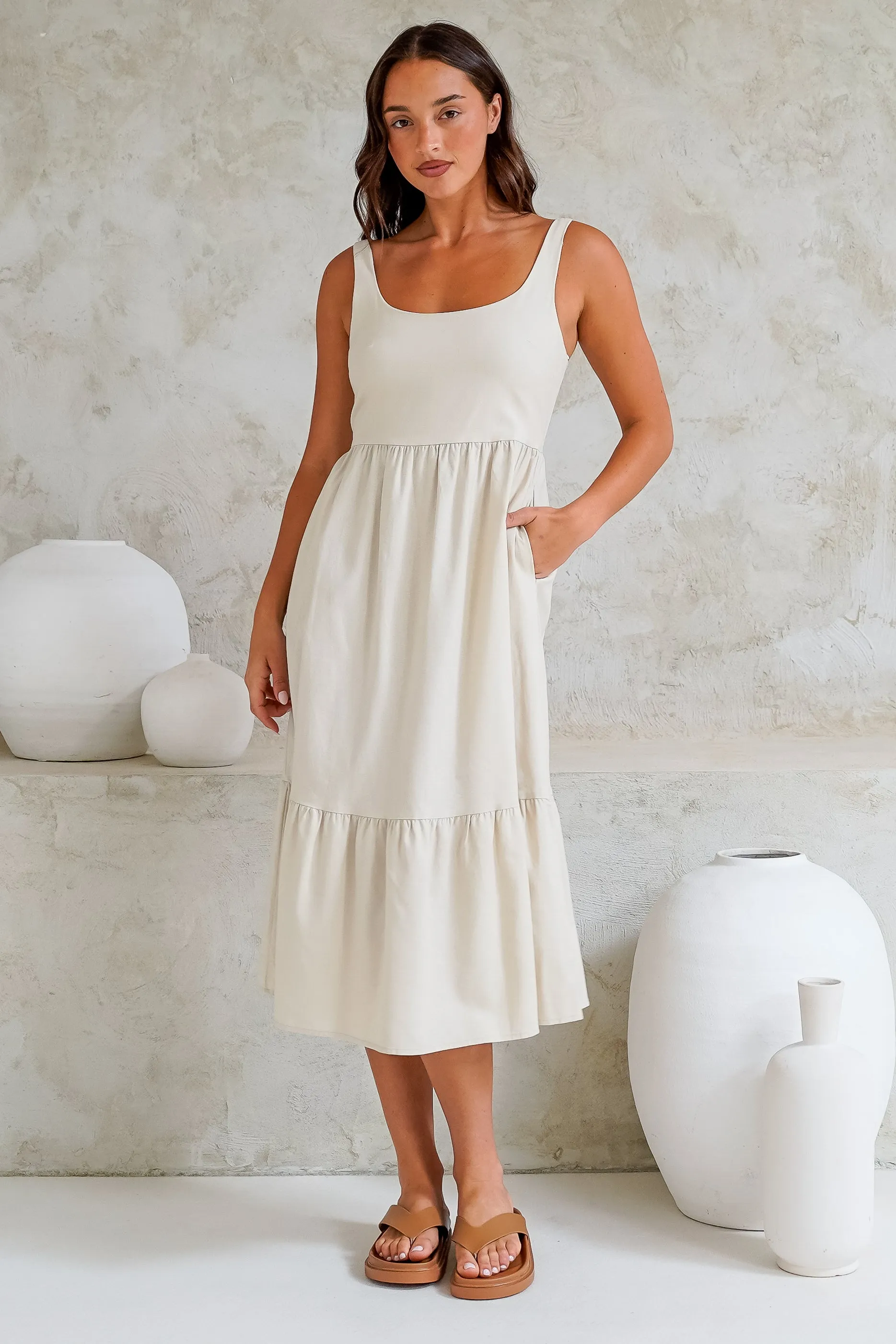 Hera Midi Dress - Scoop Neck Adjustable Strap Tiered Dress with Pockets in Beige sold by Salty Crush product image thumbnail 4