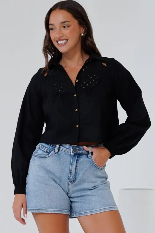 Kaiia Shirt - Cut Out Yoke Detailing Button Down Crop in Black sold by Salty Crush
