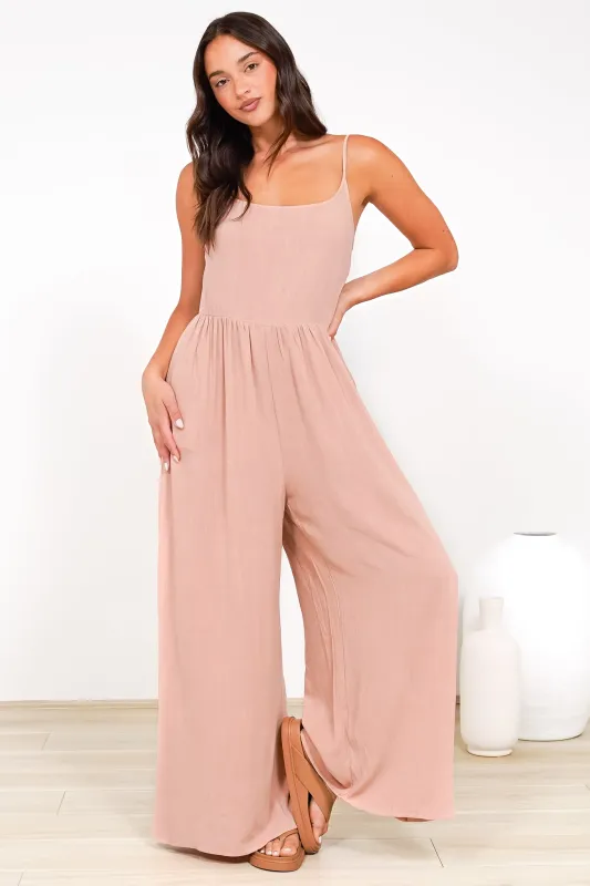 Lonnie Jumpsuit - Square Neckline Wide Leg Pant Jumpsuit in Dusty Pink sold by Salty Crush