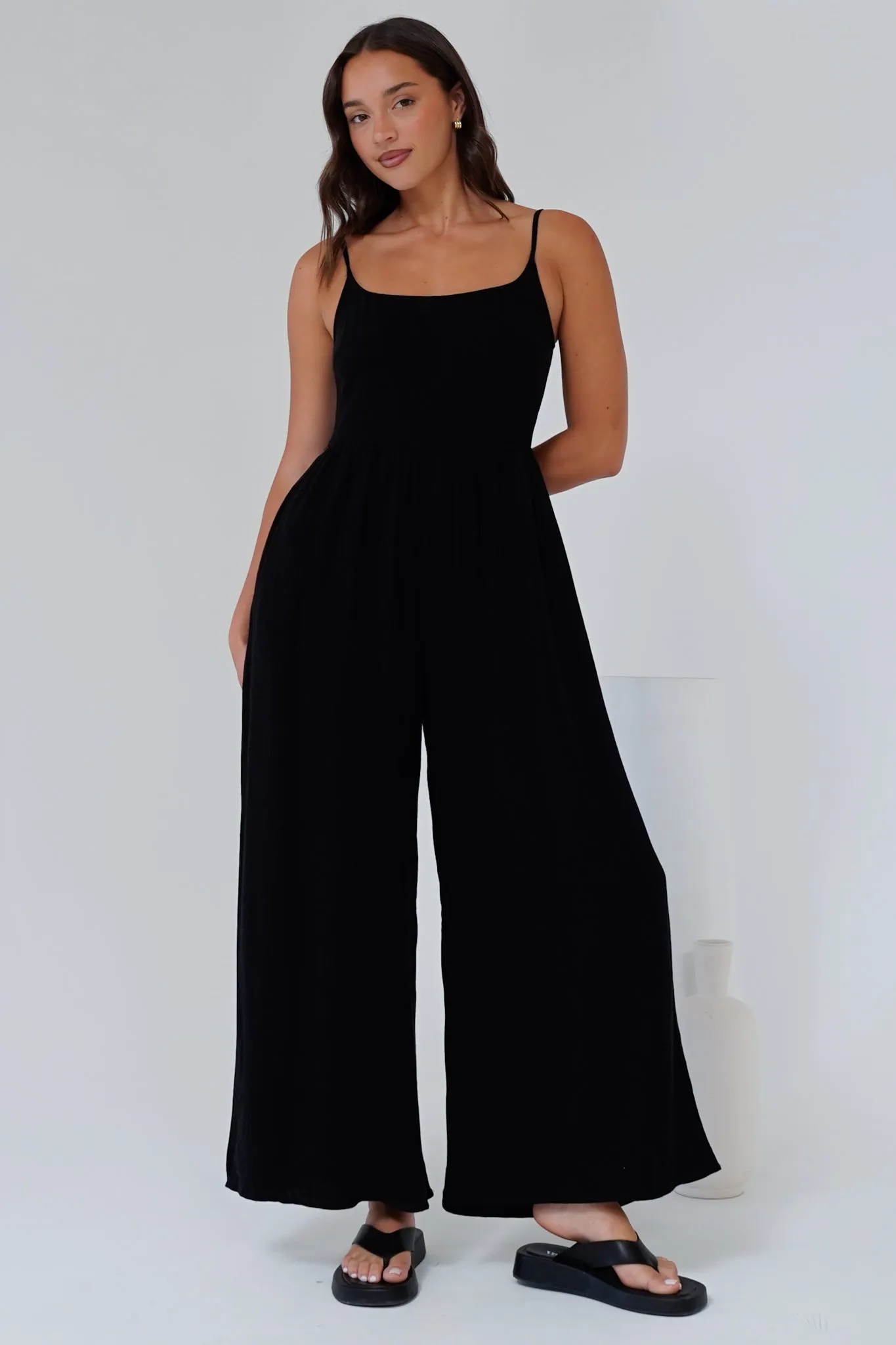 Lonnie Jumpsuit - Square Neckline Wide Leg Pant Jumpsuit in Black sold by Salty Crush product image thumbnail 5