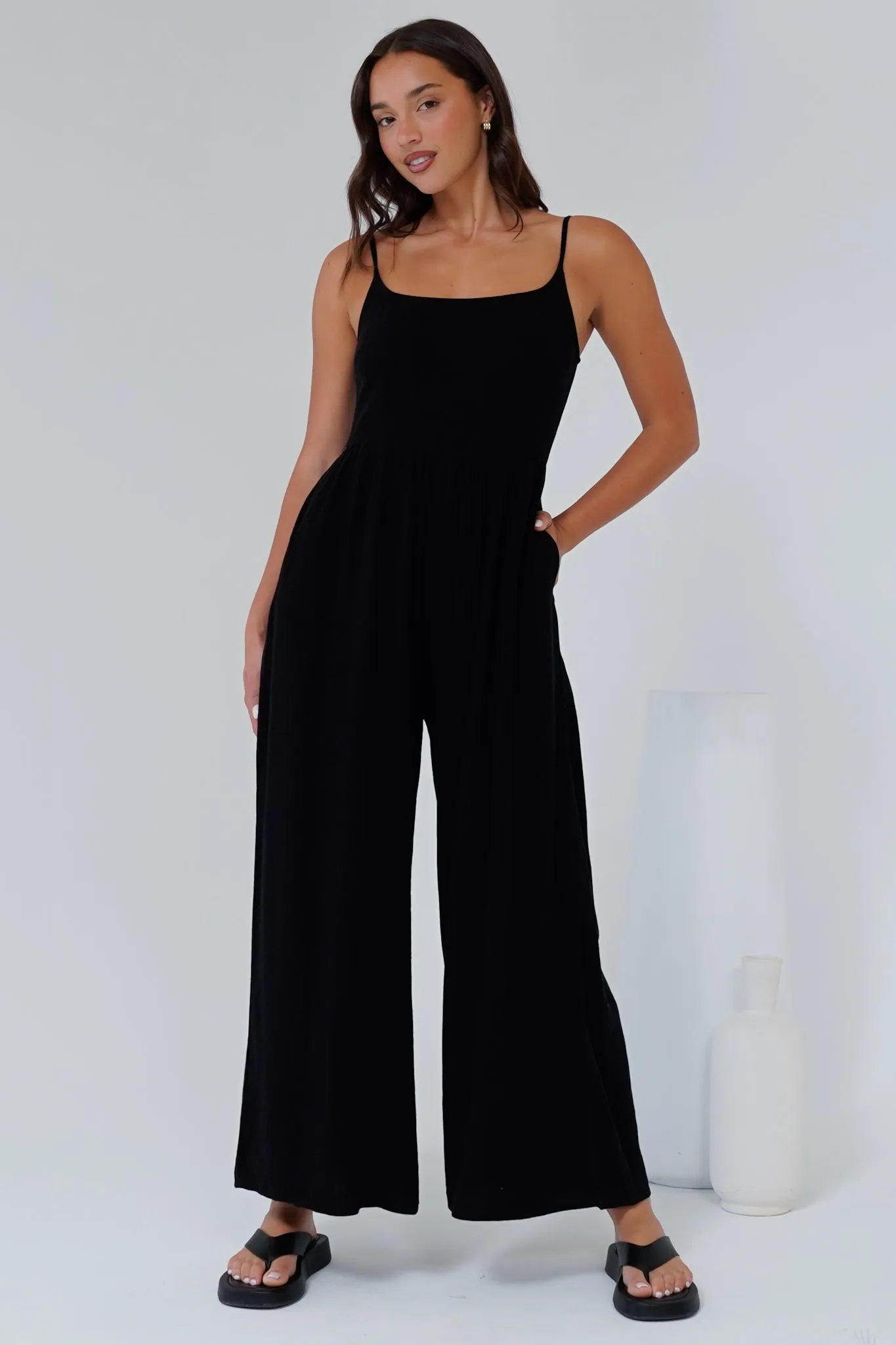Lonnie Jumpsuit - Square Neckline Wide Leg Pant Jumpsuit in Black sold by Salty Crush product image thumbnail 2
