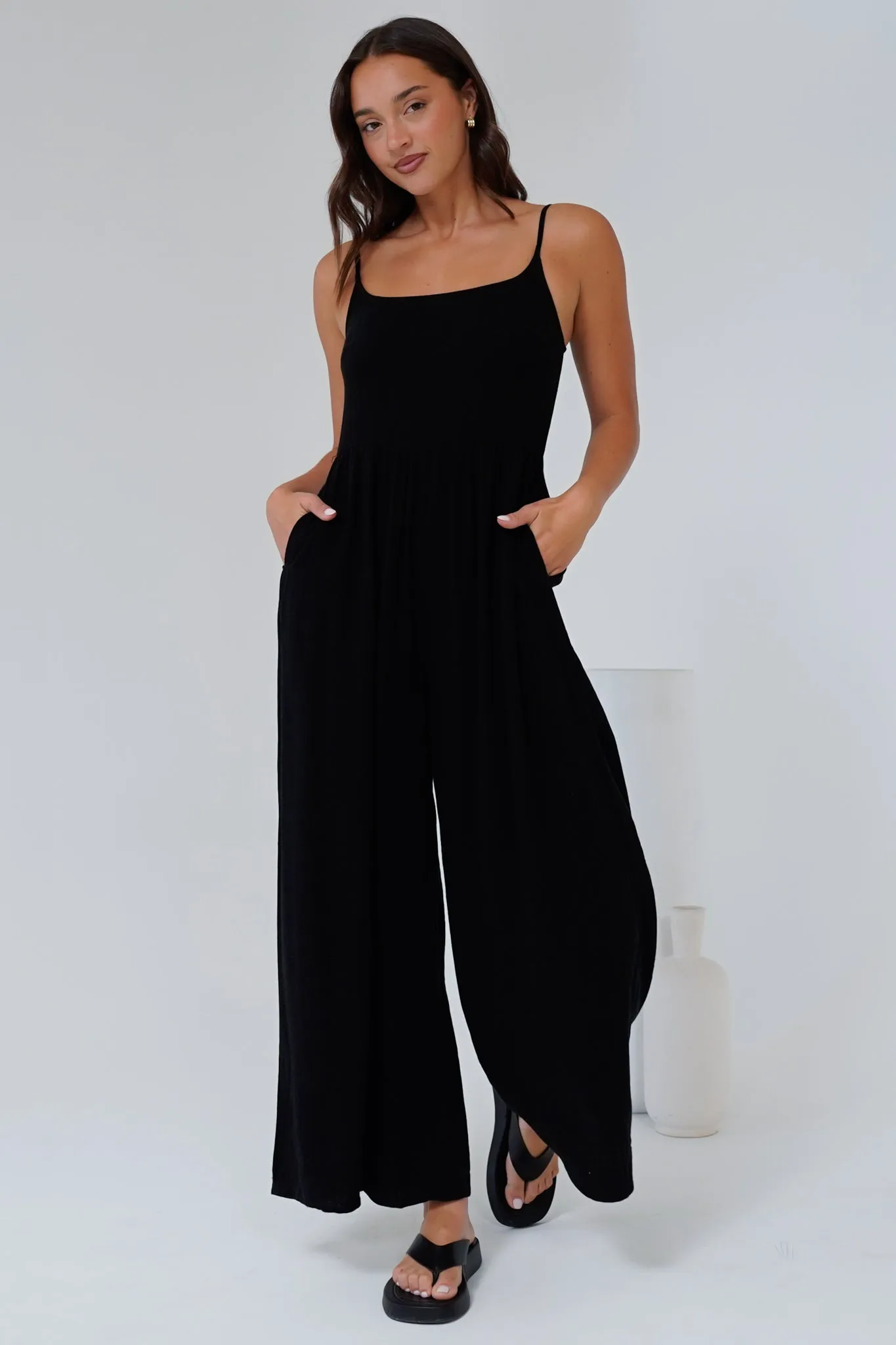 Lonnie Jumpsuit - Square Neckline Wide Leg Pant Jumpsuit in Black sold by Salty Crush product image thumbnail 4