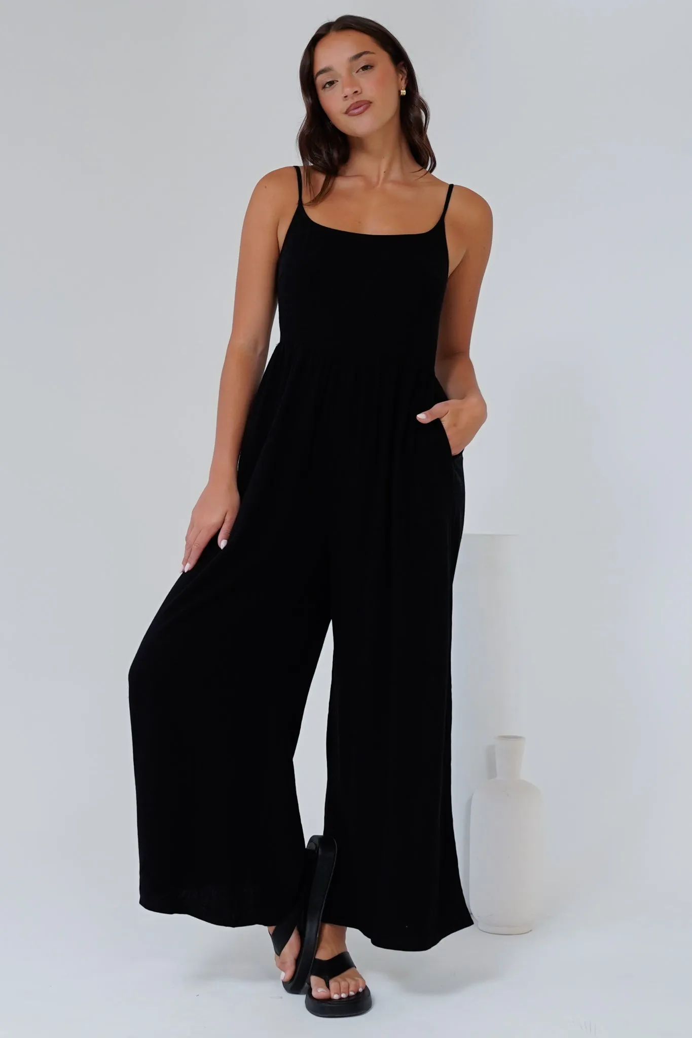 Lonnie Jumpsuit - Square Neckline Wide Leg Pant Jumpsuit in Black sold by Salty Crush