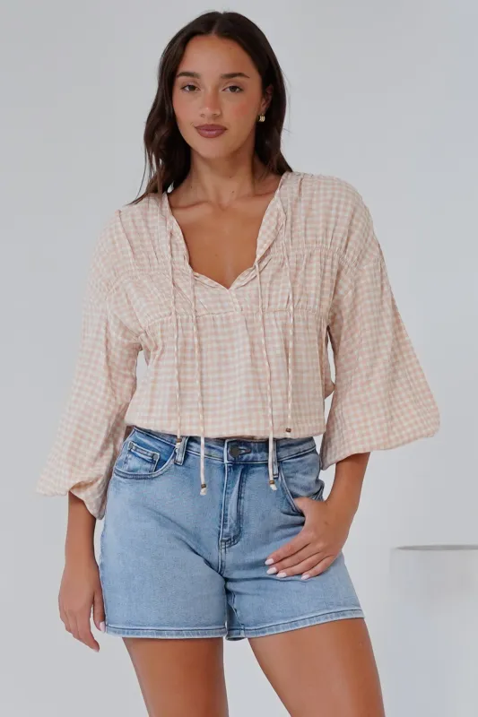 Gidget Top - Pull Over Top with Beaded Accent Double Neck Tie in Gingham Beige sold by Salty Crush