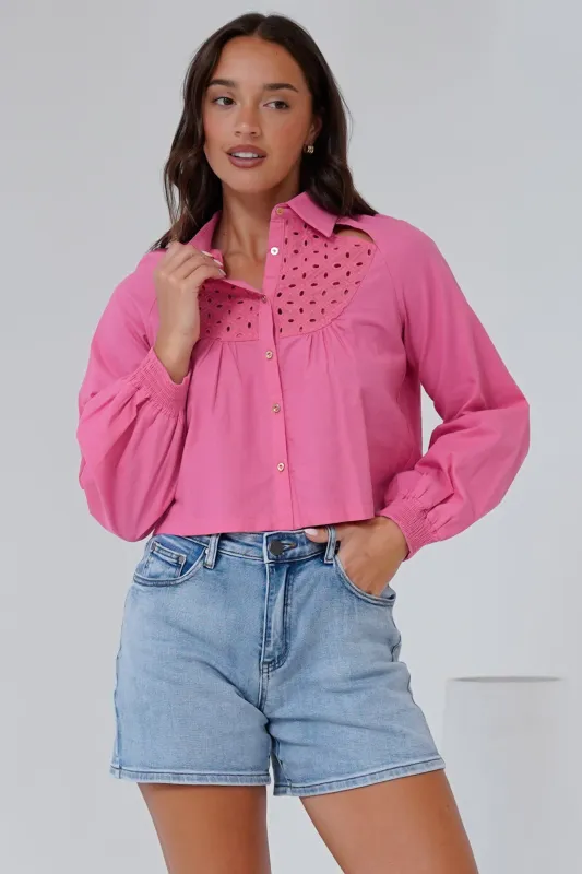 Kaiia Shirt - Cut Out Yoke Detailing Button Down Crop in Pink sold by Salty Crush
