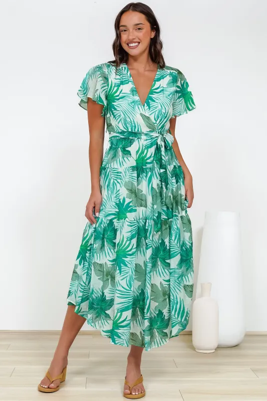 Delton Midi Dress in Rianne Print Green sold by Salty Crush