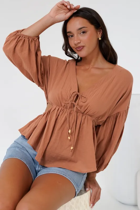 Jacobson Top - Peplum Top with Side Cut Outs and Voluminous Sleeves in Tan sold by Salty Crush
