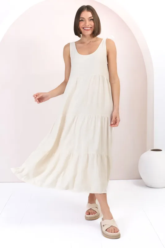 Verona Midi Dress - Tie at Shoulder Straps Sun Dress in Cream sold by Salty Crush