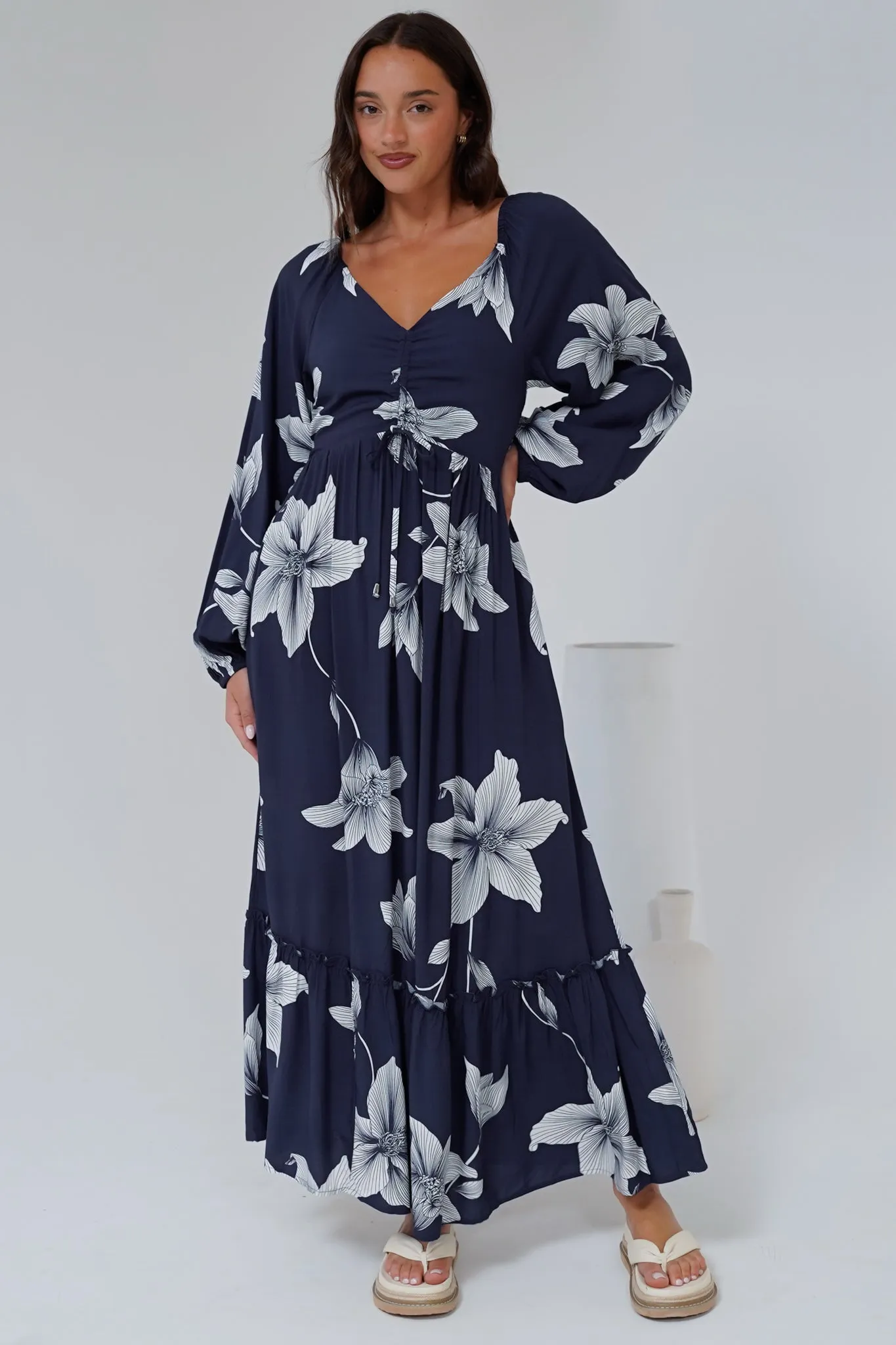 Priscilla Maxi Dress - On or Off Shoulder A Line Dress with Elasticated Back in Midnight Lily Print sold by Salty Crush product image thumbnail 5