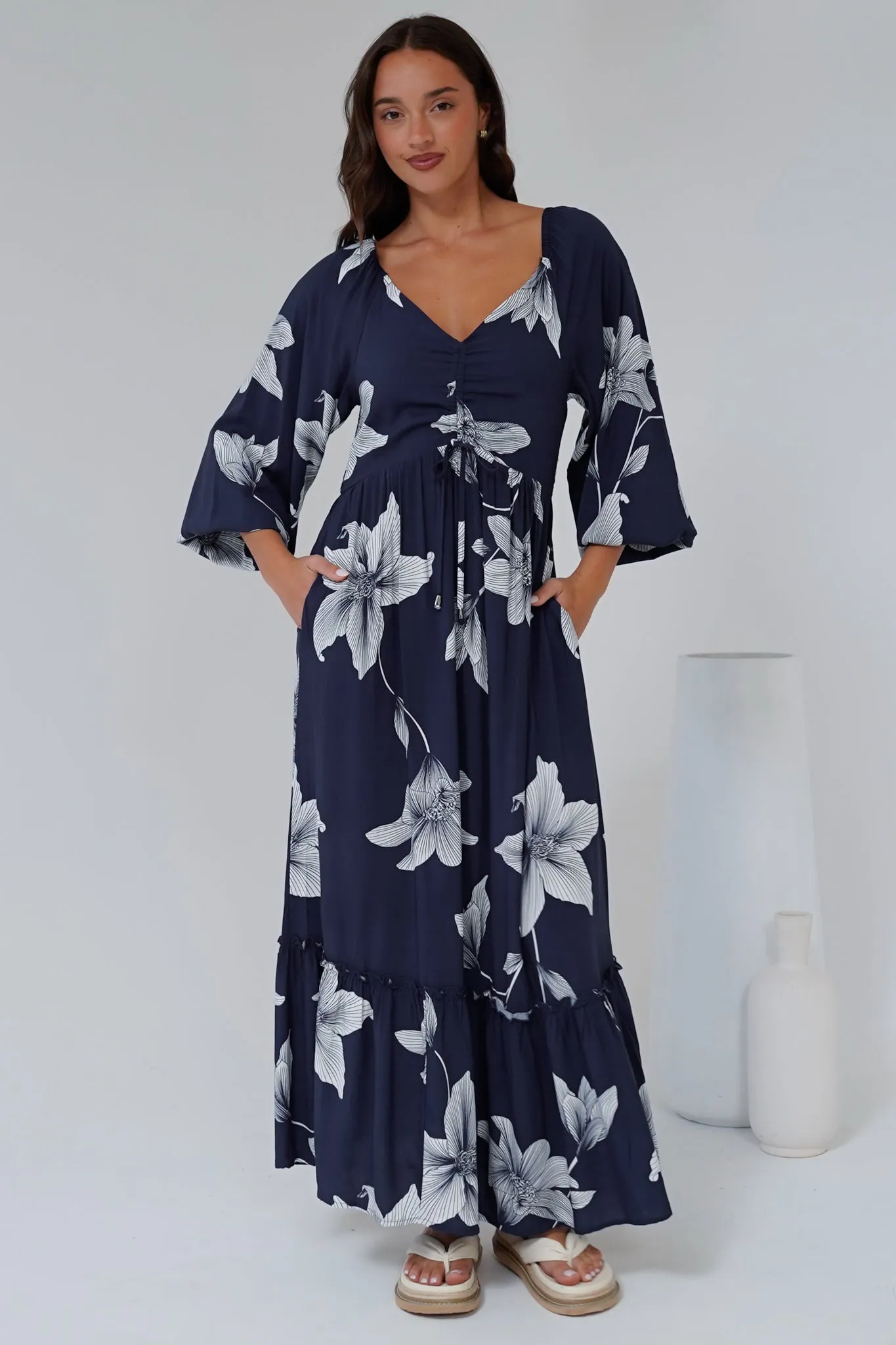 Priscilla Maxi Dress - On or Off Shoulder A Line Dress with Elasticated Back in Midnight Lily Print sold by Salty Crush product image thumbnail 3