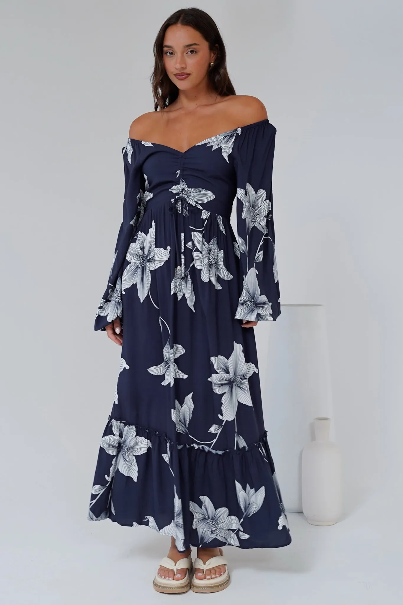 Priscilla Maxi Dress - On or Off Shoulder A Line Dress with Elasticated Back in Midnight Lily Print sold by Salty Crush product image thumbnail 4