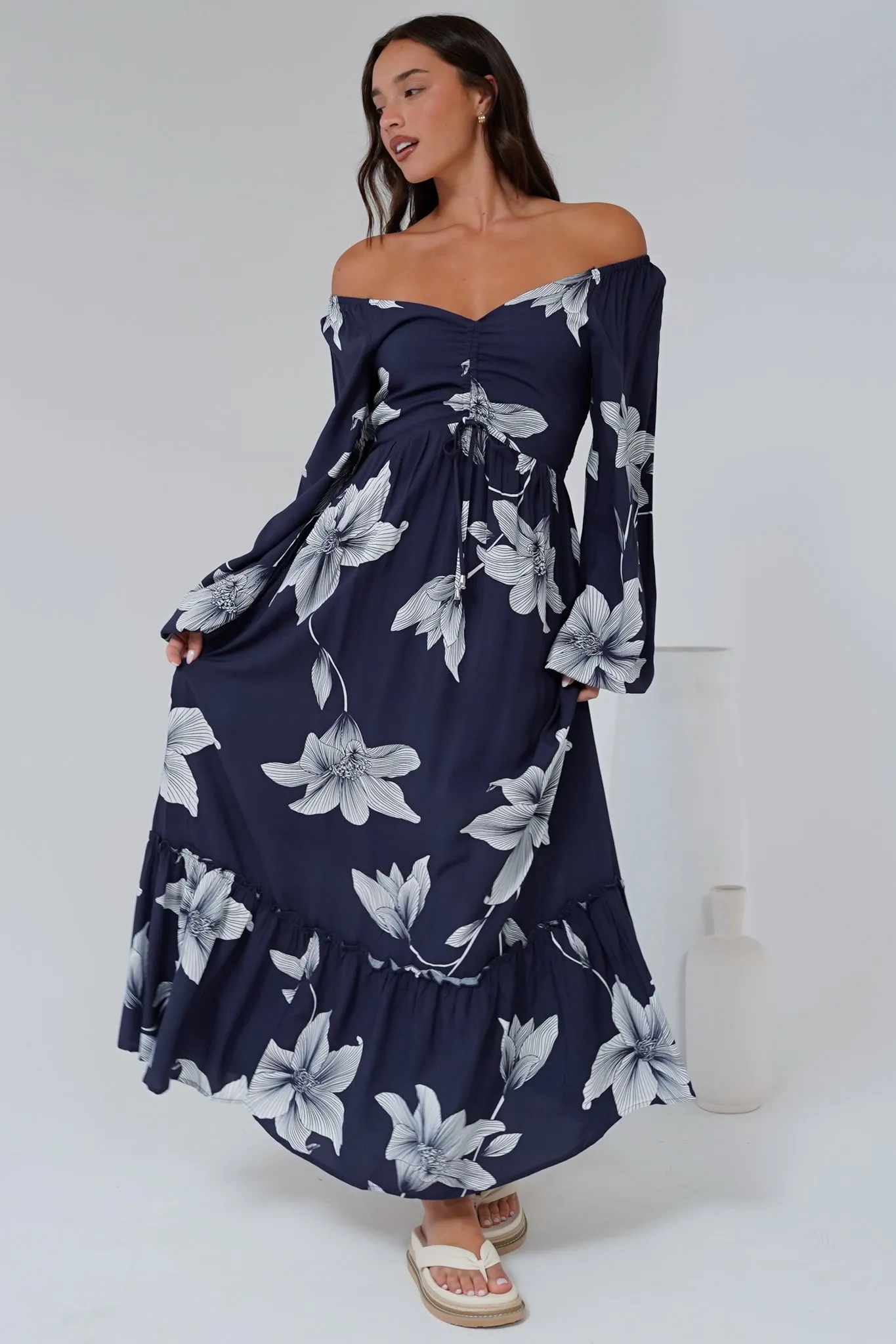 Priscilla Maxi Dress - On or Off Shoulder A Line Dress with Elasticated Back in Midnight Lily Print sold by Salty Crush product image thumbnail 2