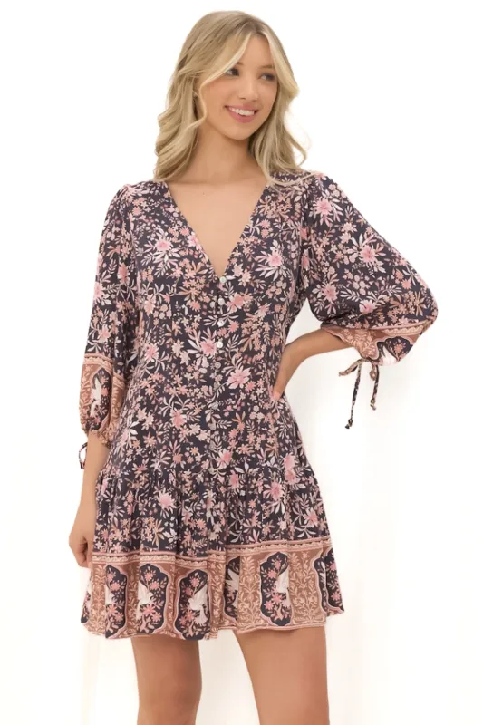 Luna Mini Dress - Deep V-Neck Button Down with 3/4 Sleeves in Feyth Print sold by Salty Crush